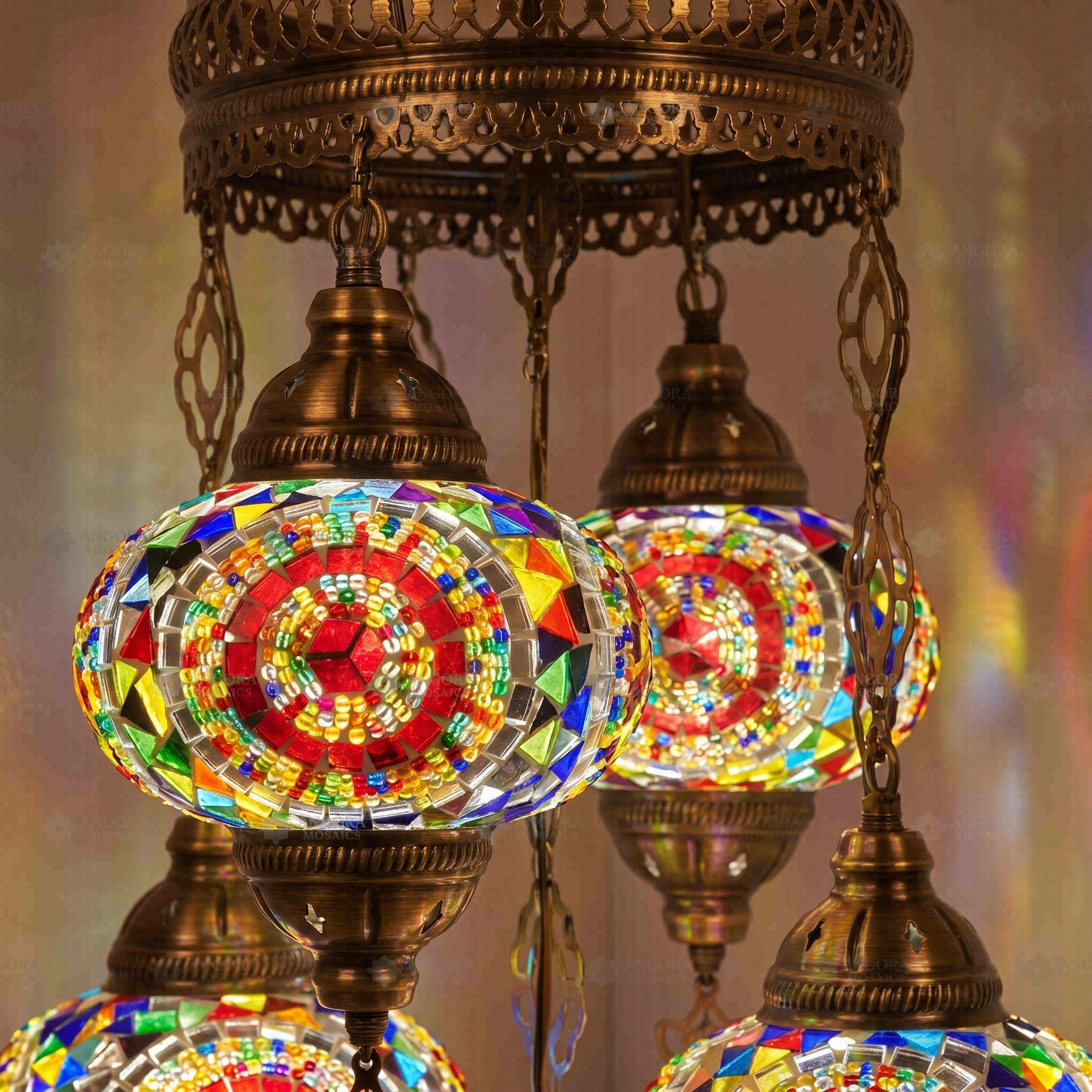 Lit close-up of mosaic glass globe — Multicolor chandelier glowing (ENV SLT5N3 (3021))