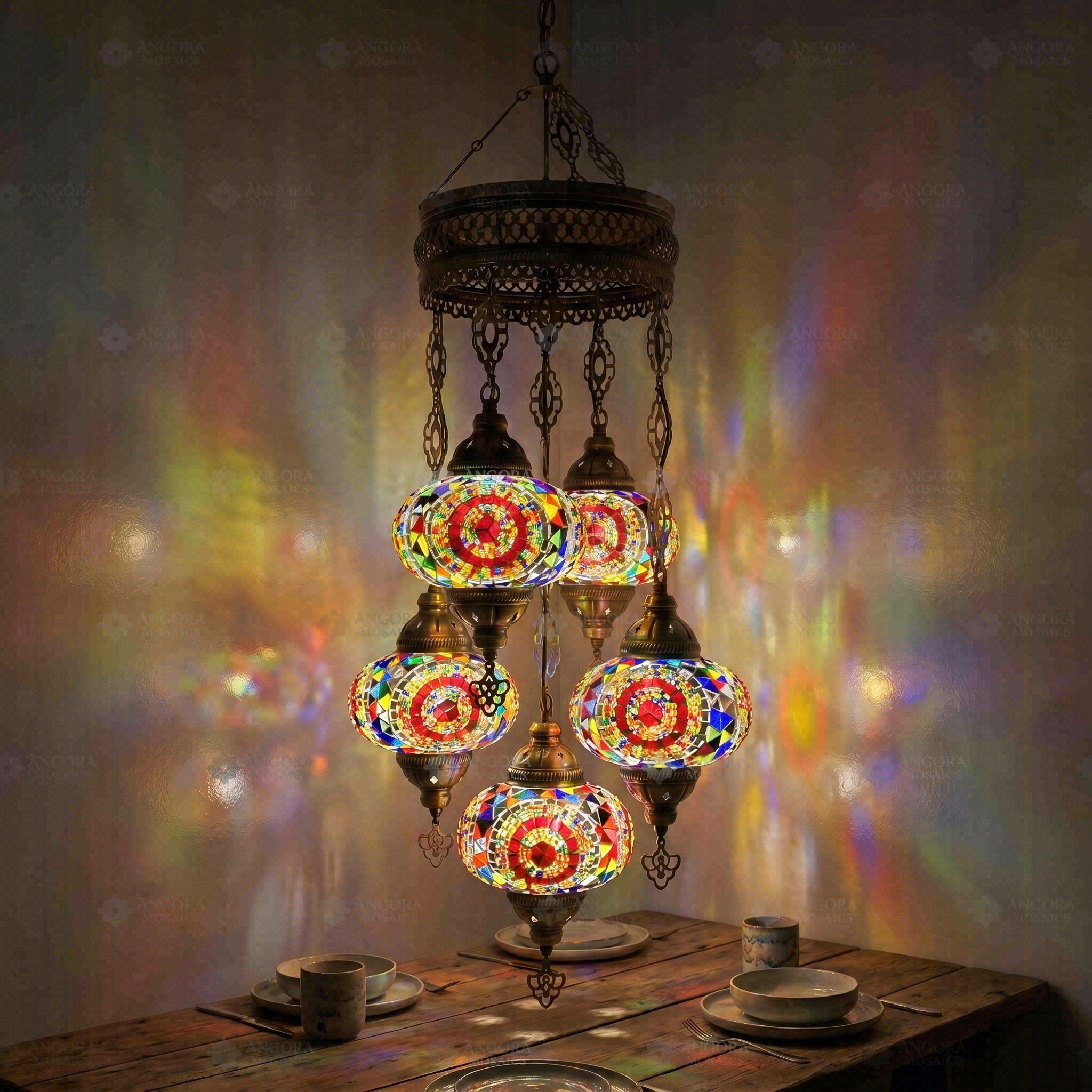 Multicolor multicolor jewel Turkish mosaic chandelier in styled room — handmade Moroccan chandelier (ENV SLT5N3 (3021))