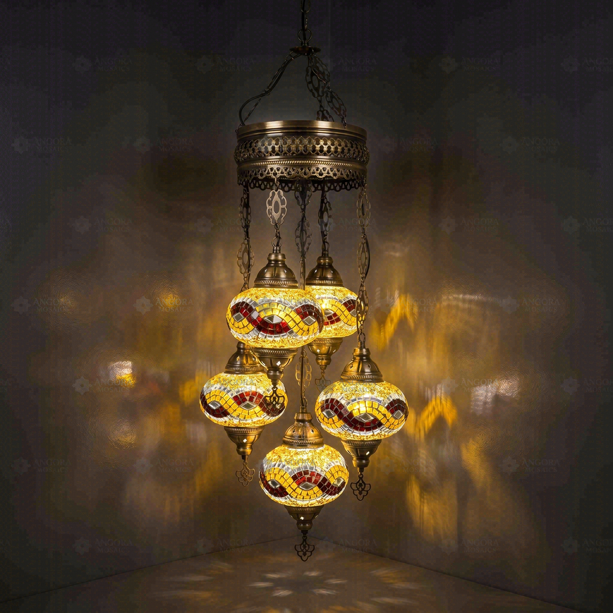 Amber Turkish mosaic chandelier illuminated, showing colorful light projection (ENV SLT5N3 (3064))