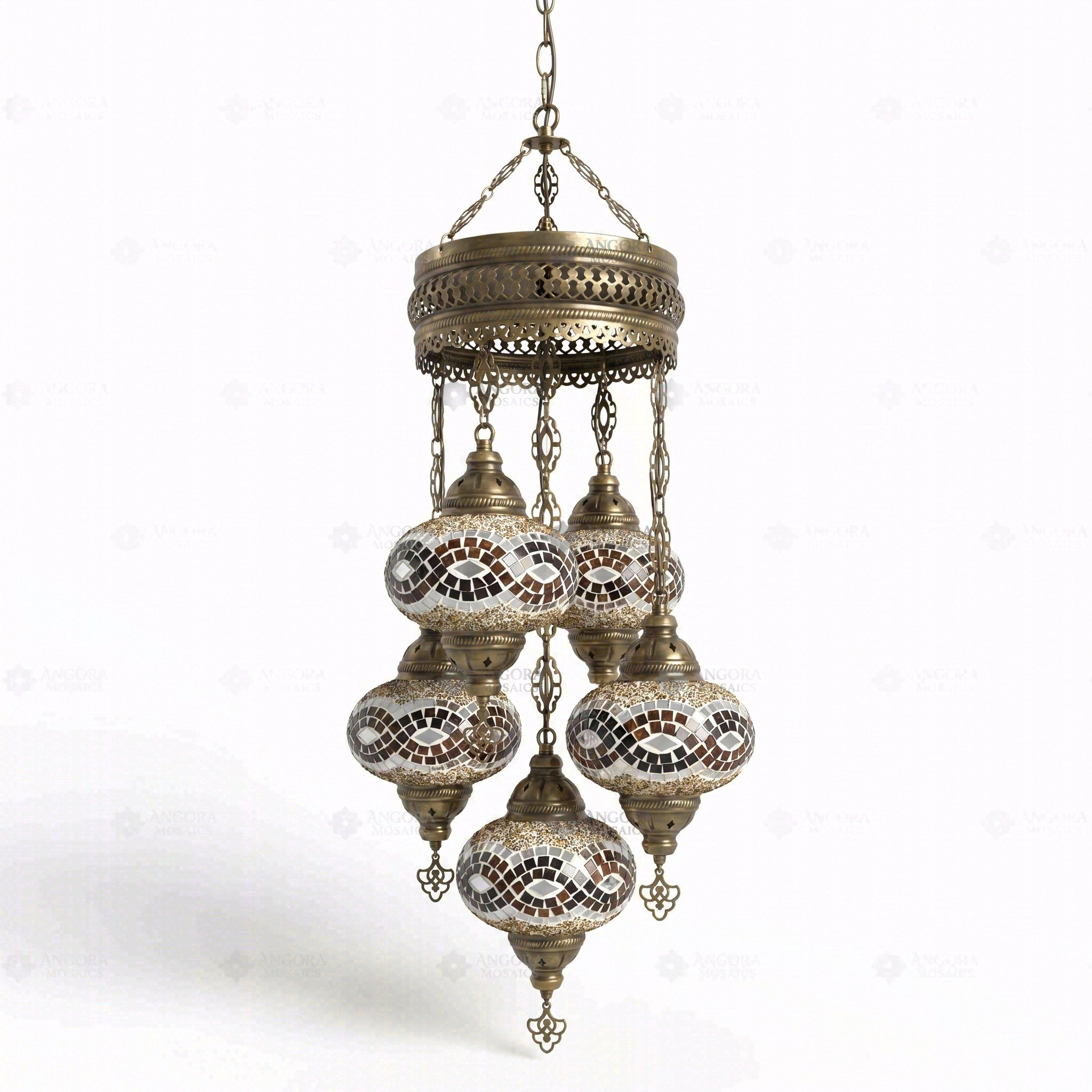 Full view of handmade Amber warm amber Turkish mosaic chandelier on white background (ENV SLT5N3 (3064))