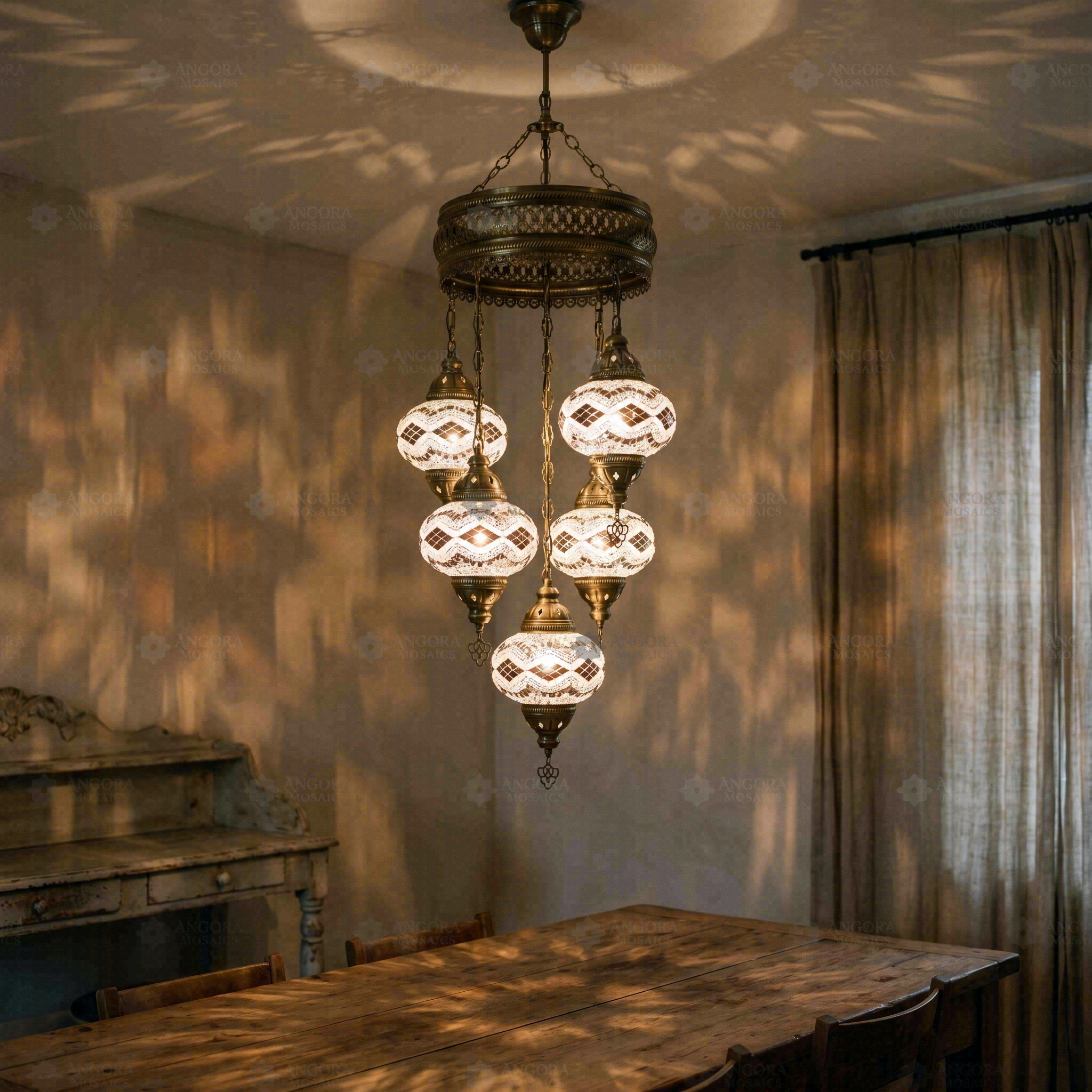 Clear clear neutral Turkish mosaic chandelier in styled room — handmade Moroccan chandelier (ENV SLT5N3 (3092))