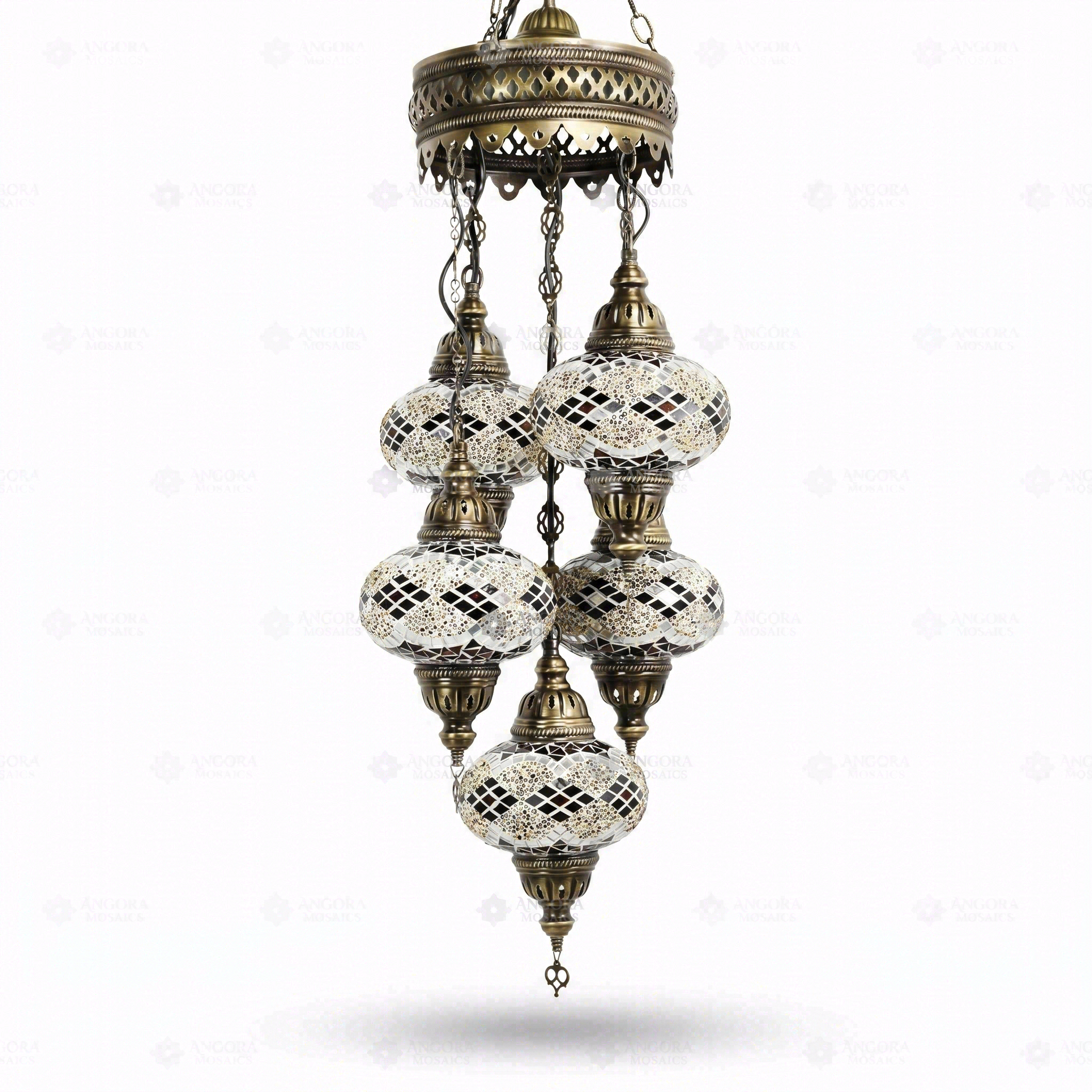 Full view of handmade Clear clear neutral Turkish mosaic chandelier on white background (ENV SLT5N3 (3092))