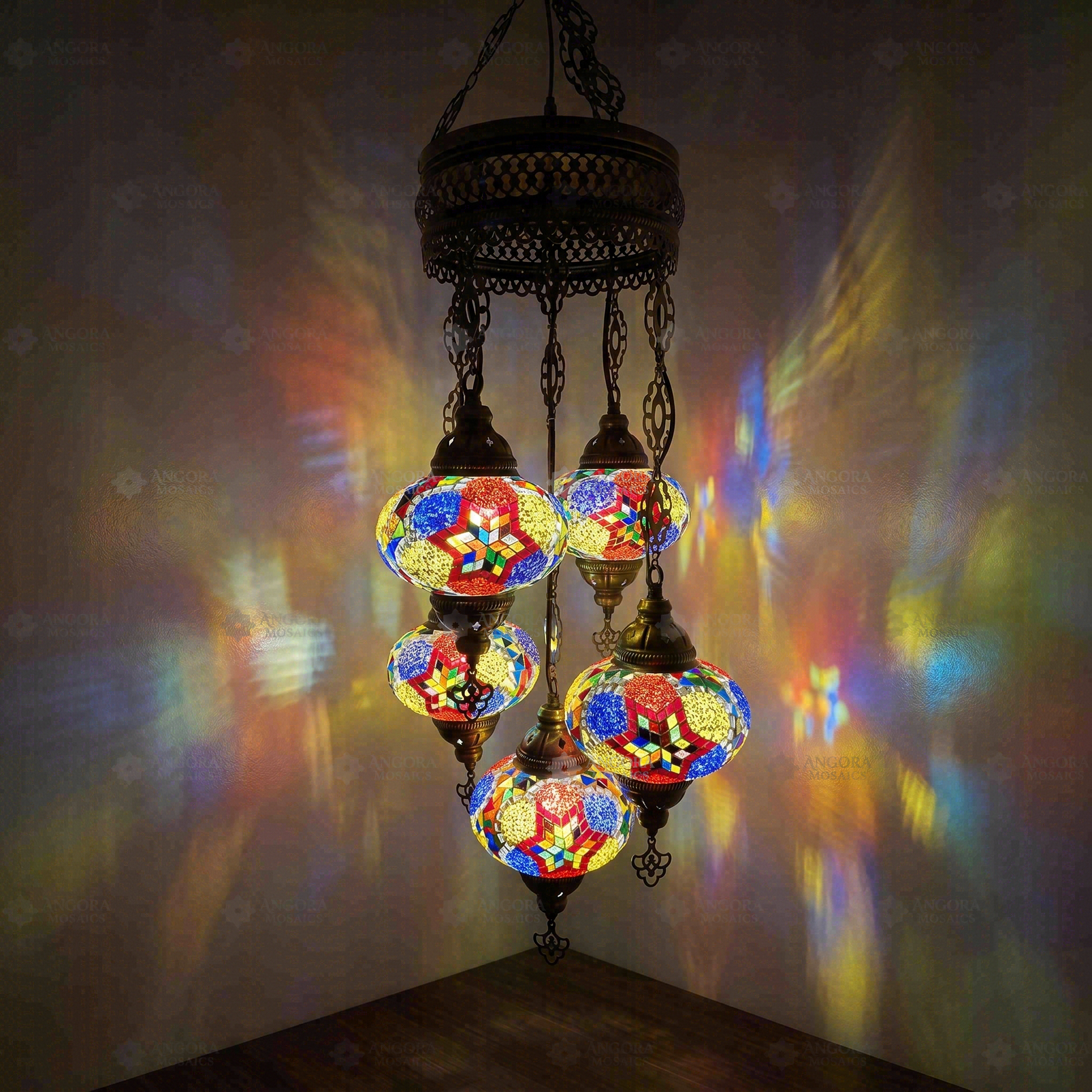 Multicolor Turkish mosaic chandelier illuminated, showing colorful light projection (ENV SLT5N3 (3093))