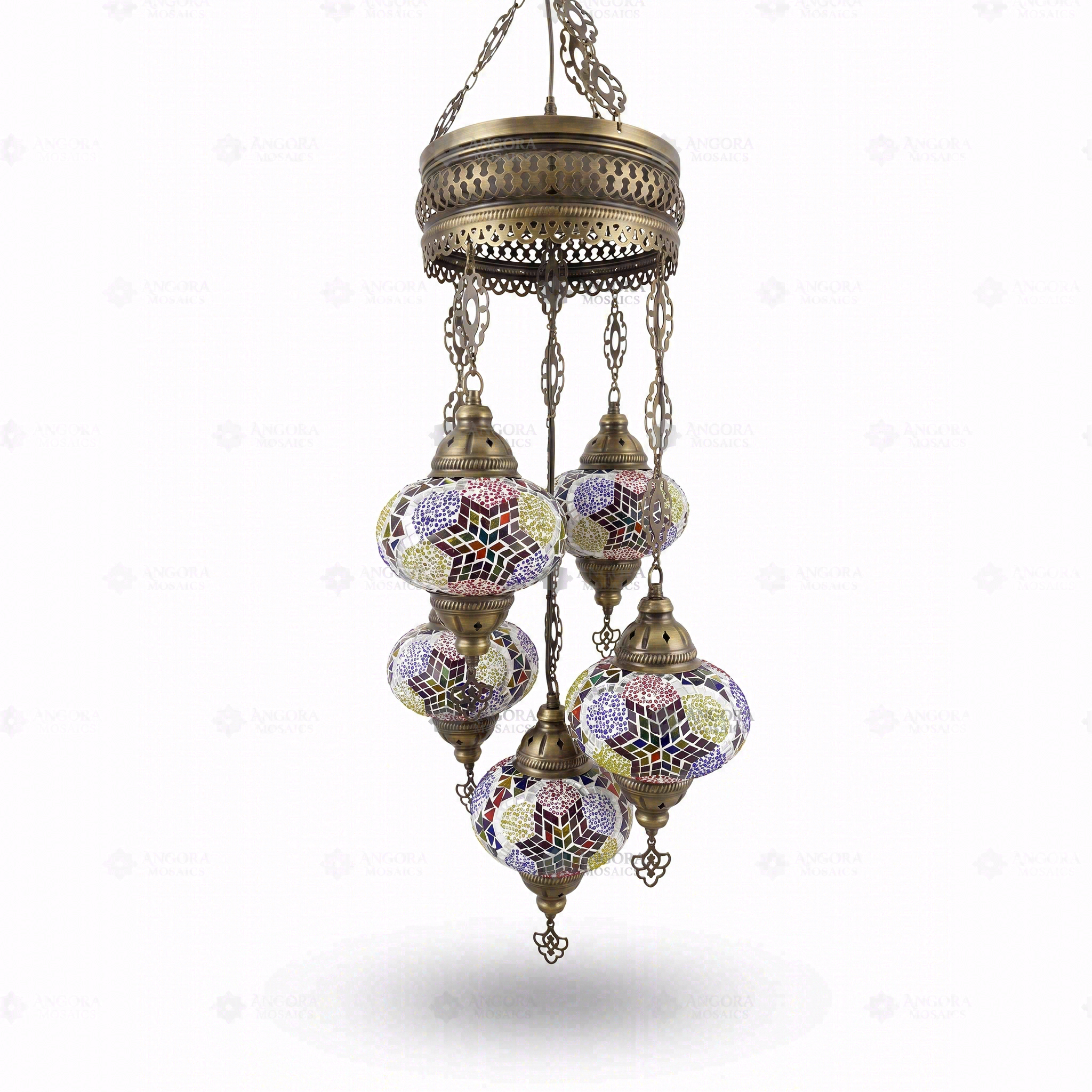 Full view of handmade Multicolor multicolor jewel Turkish mosaic chandelier on white background (ENV SLT5N3 (3093))