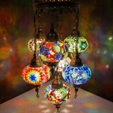 Lit close-up of mosaic glass globe — Multicolor chandelier glowing (ENV SLT7N3 (01-03-06-18-21-34-91))
