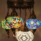 Lit close-up of mosaic glass globe — Multicolor chandelier glowing (ENV SLT7N3 (01-03-15-17-19-34-74))