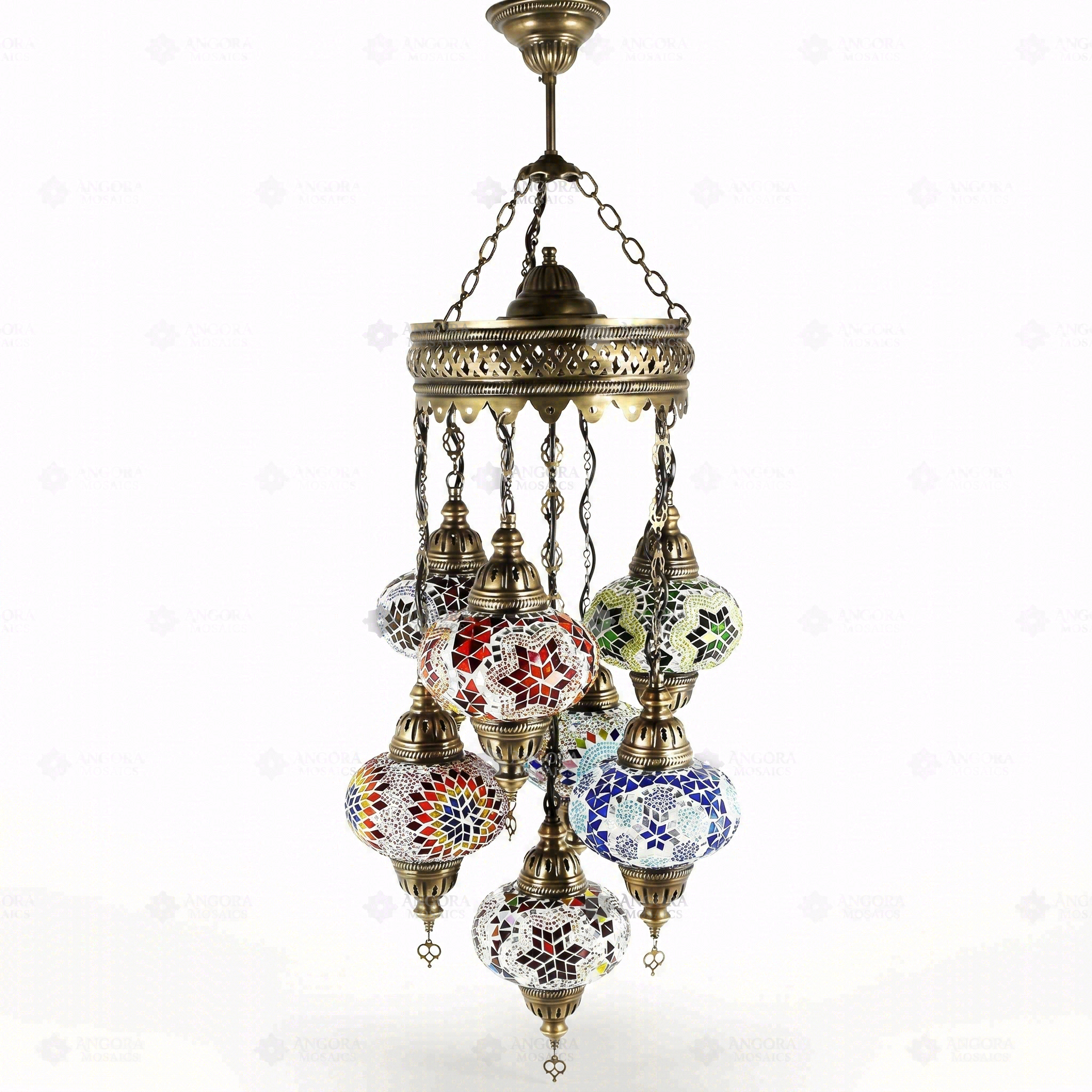 Full view of handmade Multicolor multicolor jewel Turkish mosaic chandelier on white background (ENV SLT7N3 (03-06-11-17-18-34-67))