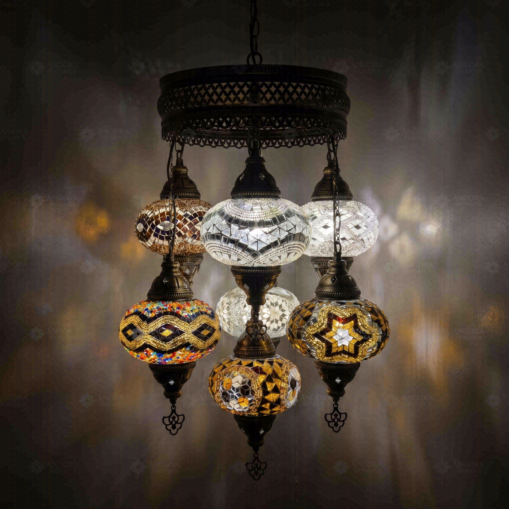 Warm Tones Turkish mosaic chandelier illuminated, showing colorful light projection (ENV SLT7N3 (12-13-36-43-64-88-89))