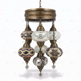 Full view of handmade Warm Tones mixed warm Turkish mosaic chandelier on white background (ENV SLT7N3 (12-13-36-43-64-88-89))