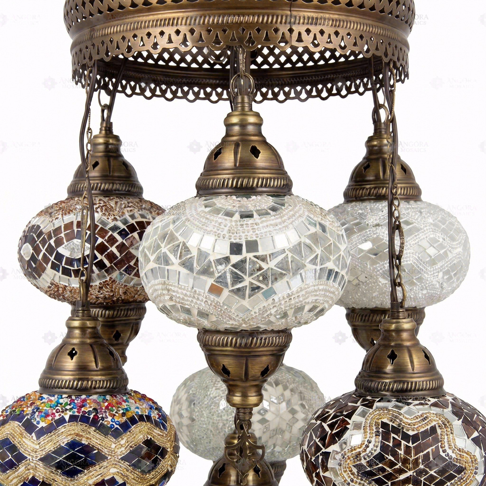Close-up of Warm Tones mixed warm mosaic glass globe pattern — chandelier (ENV SLT7N3 (12-13-36-43-64-88-89))