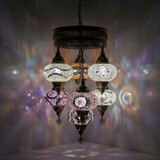 Cool Tones Turkish mosaic chandelier illuminated, showing colorful light projection (ENV SLT7N3 (12-19-20-36-41-43-64))
