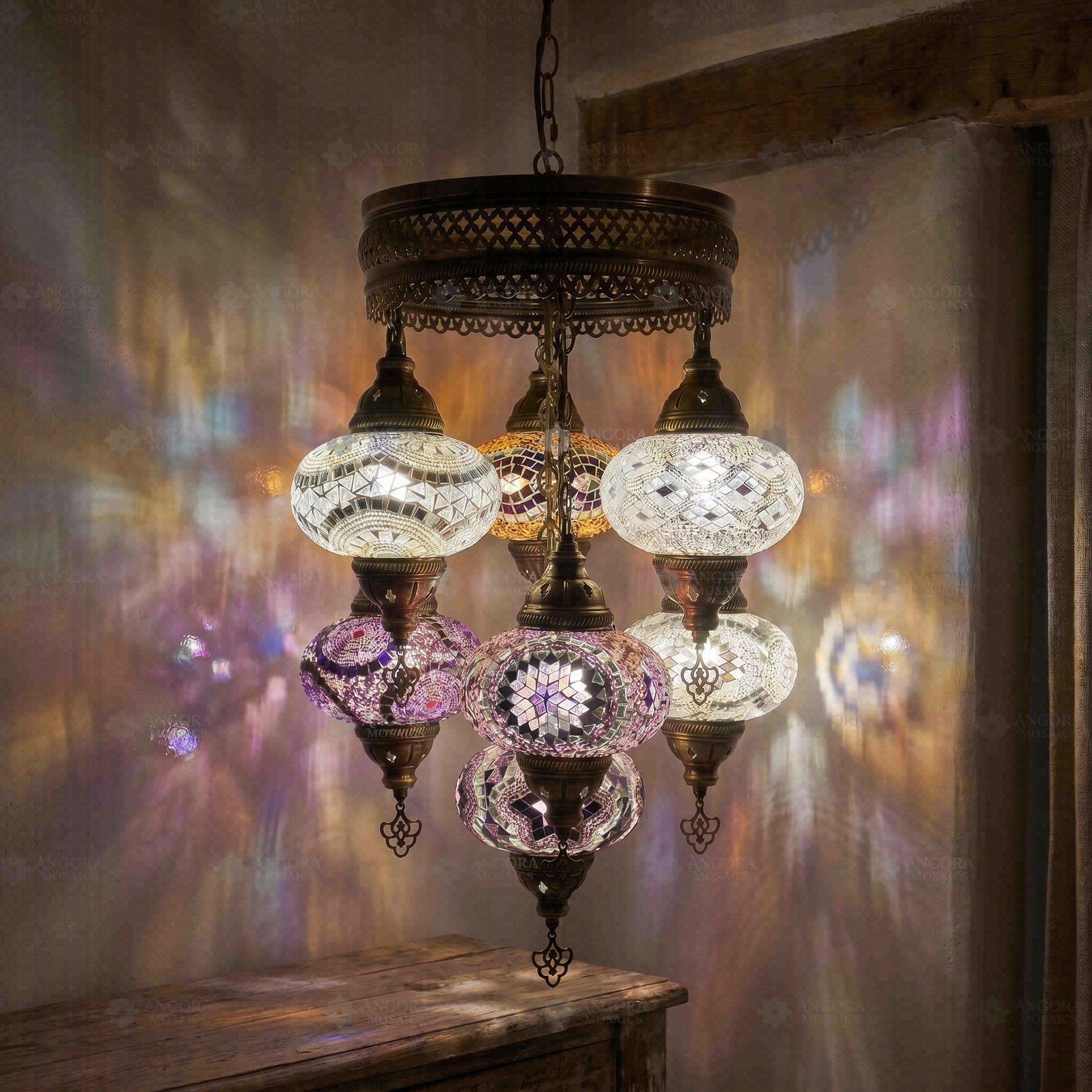 Cool Tones mixed cool Turkish mosaic chandelier in styled room — handmade Moroccan chandelier (ENV SLT7N3 (12-19-20-36-41-43-64))