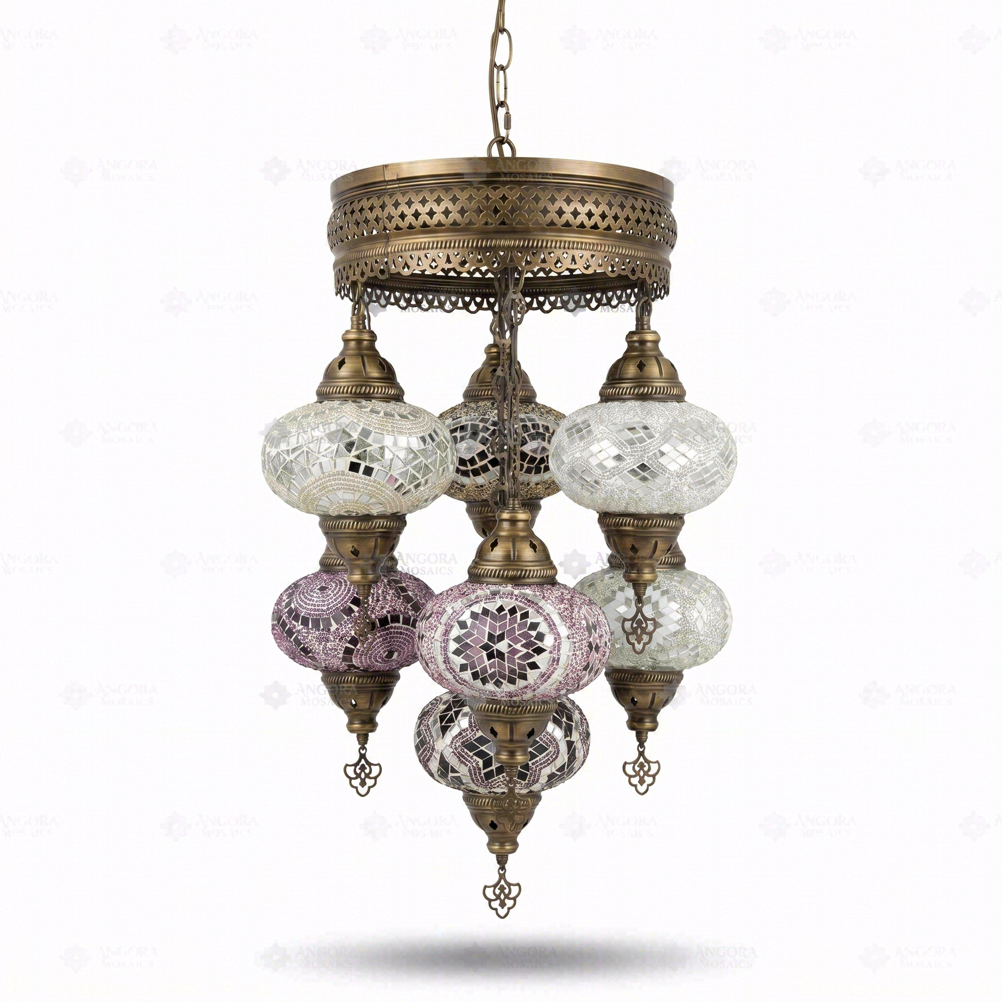 Full view of handmade Cool Tones mixed cool Turkish mosaic chandelier on white background (ENV SLT7N3 (12-19-20-36-41-43-64))