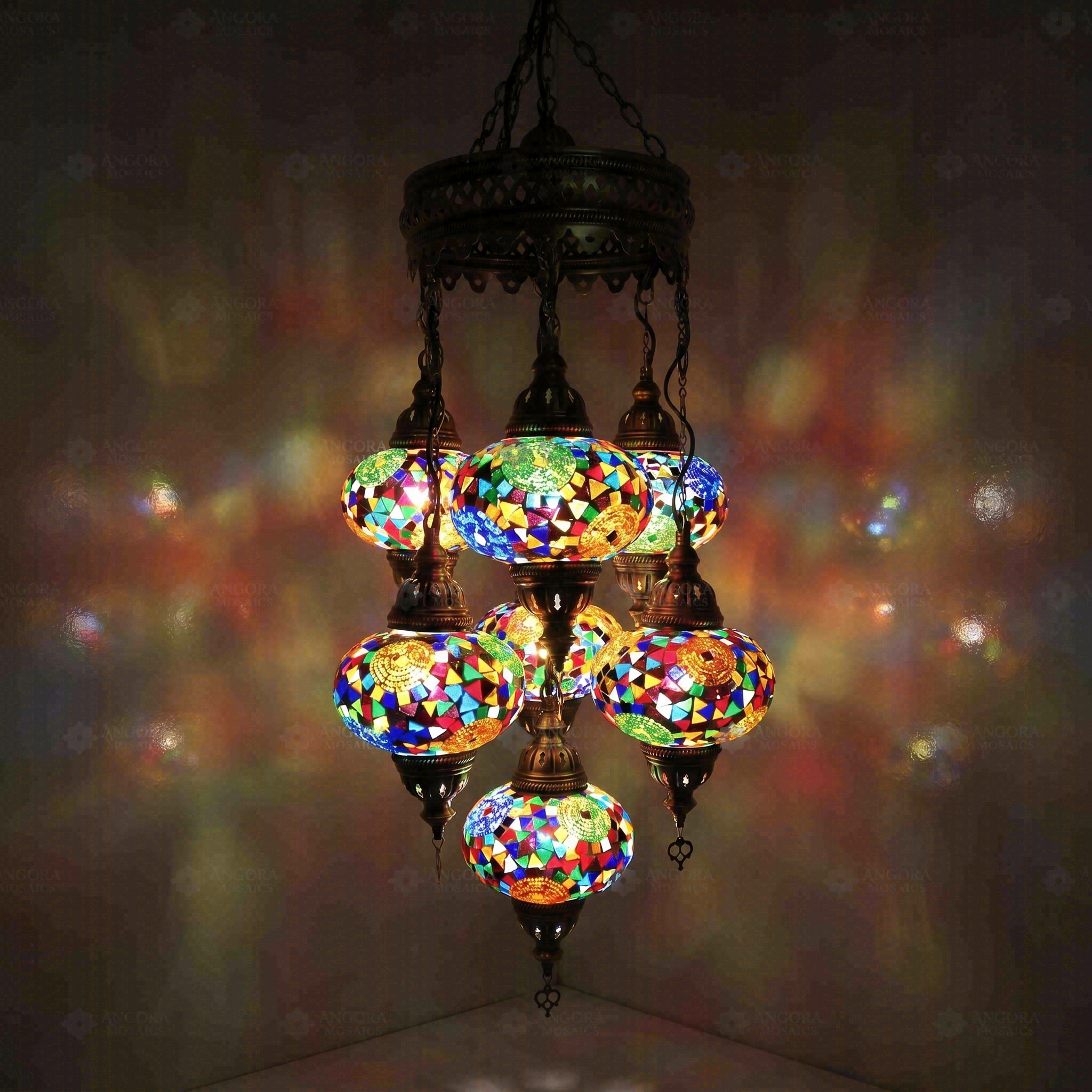 Multicolor Turkish mosaic chandelier illuminated, showing colorful light projection (ENV SLT7N3 (3001))