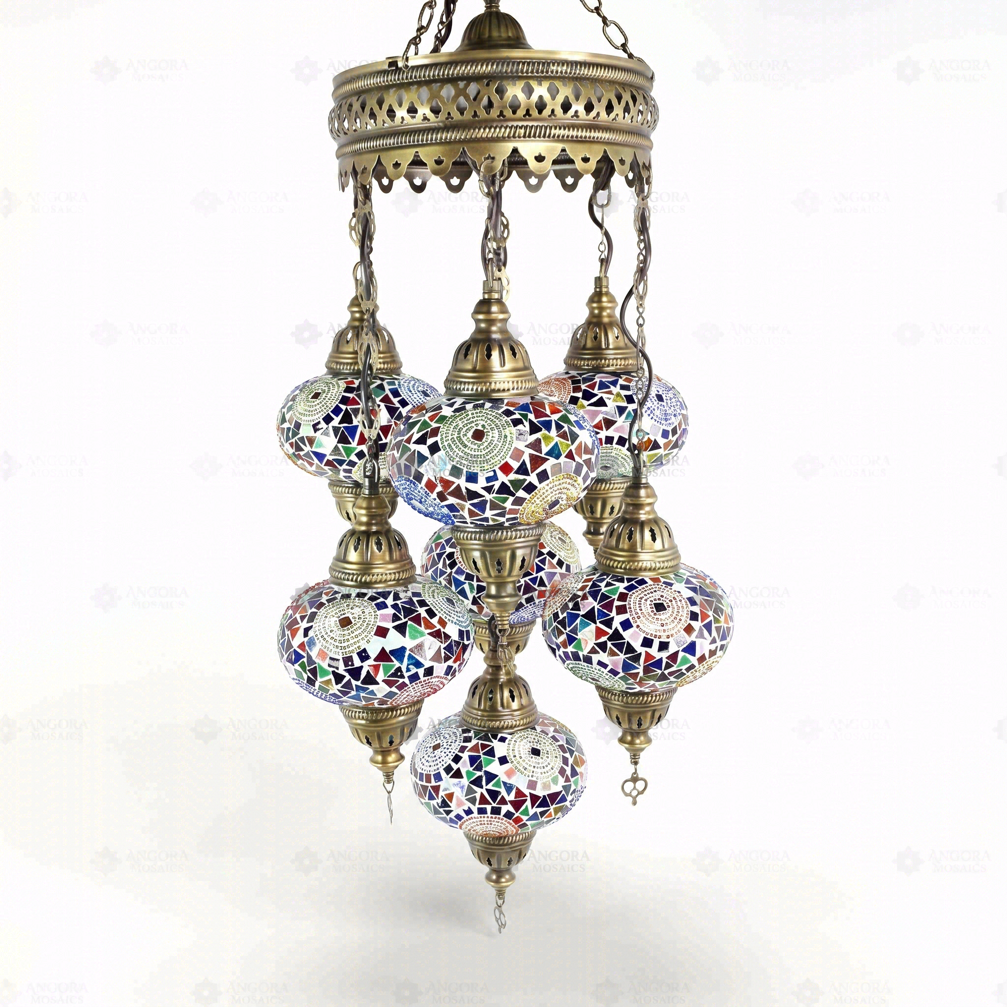 Full view of handmade Multicolor multicolor jewel Turkish mosaic chandelier on white background (ENV SLT7N3 (3001))