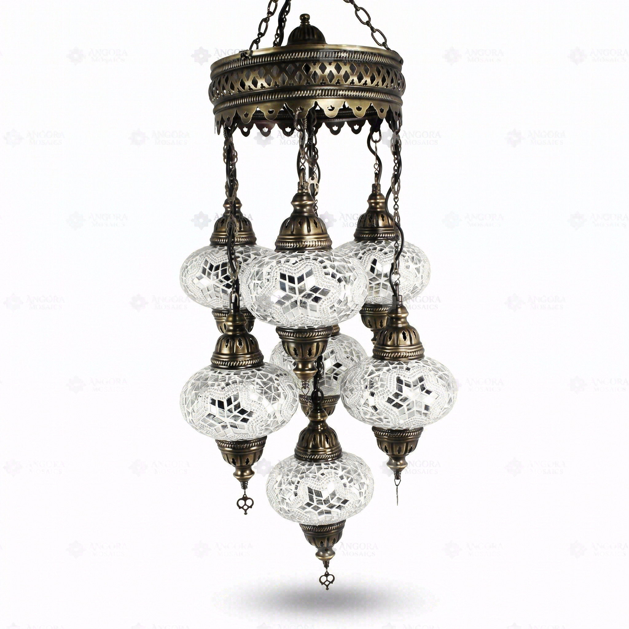 Full view of handmade White white glow Turkish mosaic chandelier on white background (ENV SLT7N3 (3015))