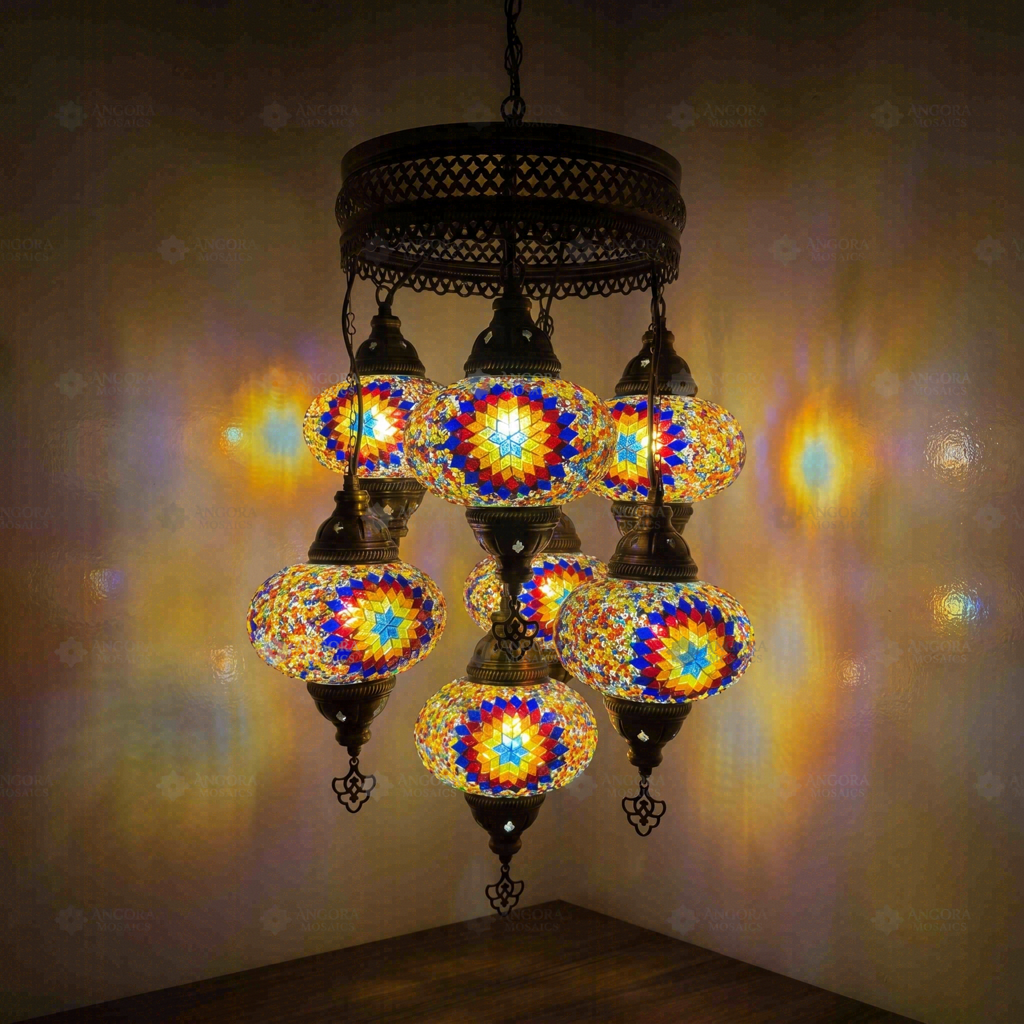 Multicolor Turkish mosaic chandelier illuminated, showing colorful light projection (ENV SLT7N3 (3018))