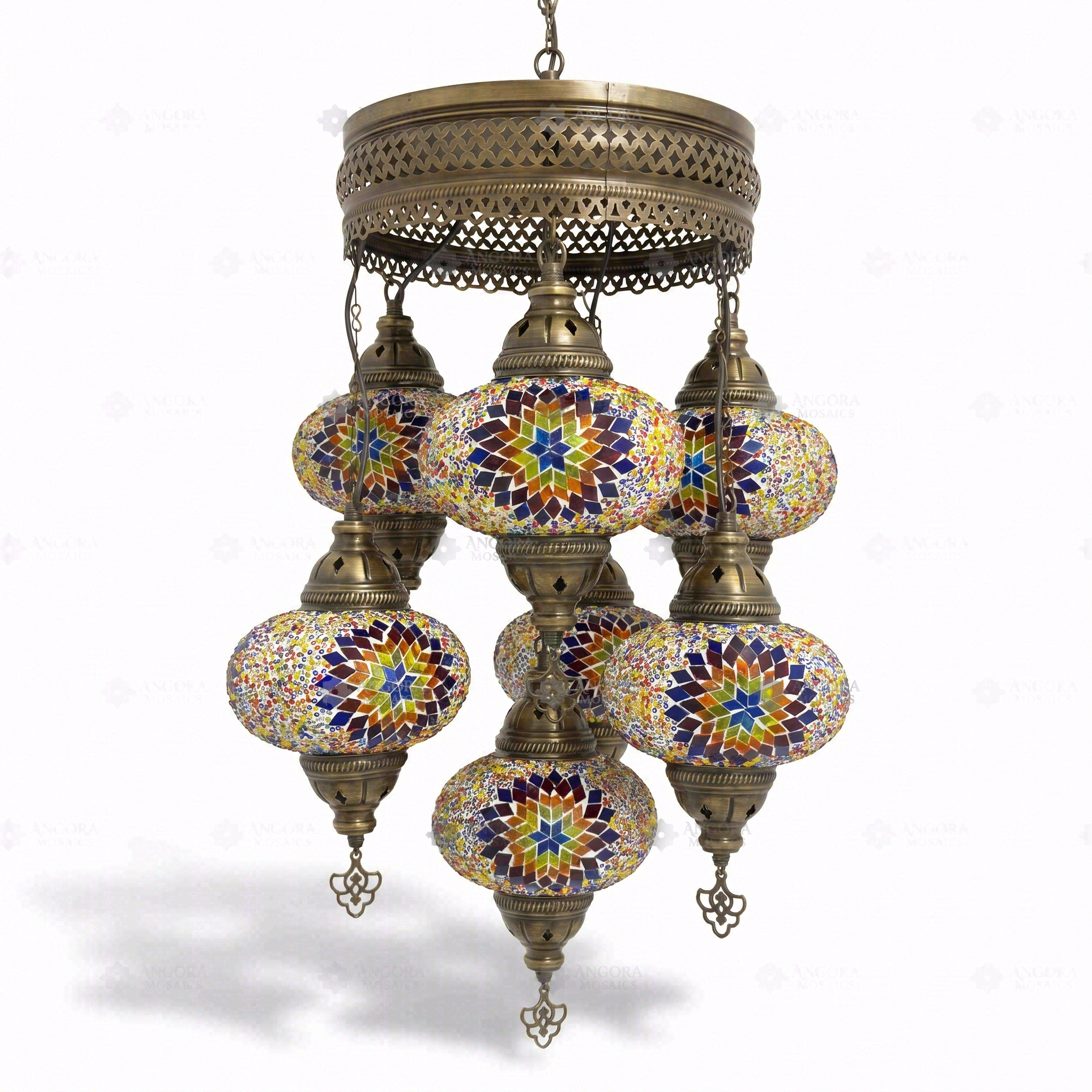 Full view of handmade Multicolor multicolor jewel Turkish mosaic chandelier on white background (ENV SLT7N3 (3018))