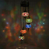 Multicolor Turkish mosaic chandelier illuminated, showing colorful light projection (HLZ5N3 (01-03-05-17-56))