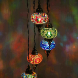 Lit close-up of mosaic glass globe — Multicolor chandelier glowing (HLZ5N3 (01-03-05-17-56))