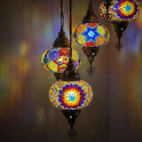 Lit close-up of mosaic glass globe — Multicolor chandelier glowing (HLZ5N3 (18-18-21-61-93))