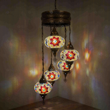 Multicolor Turkish mosaic chandelier illuminated, showing colorful light projection (HLZ5N3 (3007))