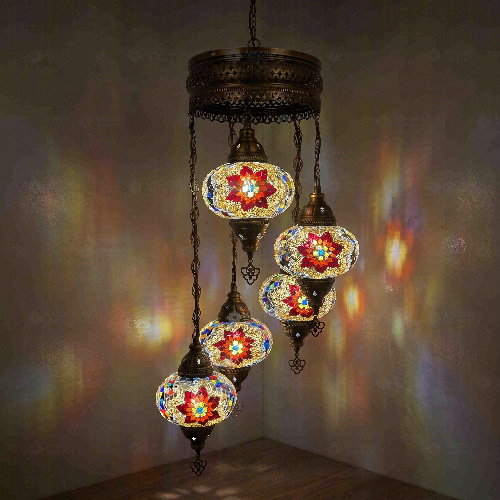Multicolor Turkish mosaic chandelier illuminated, showing colorful light projection (HLZ5N3 (3007))