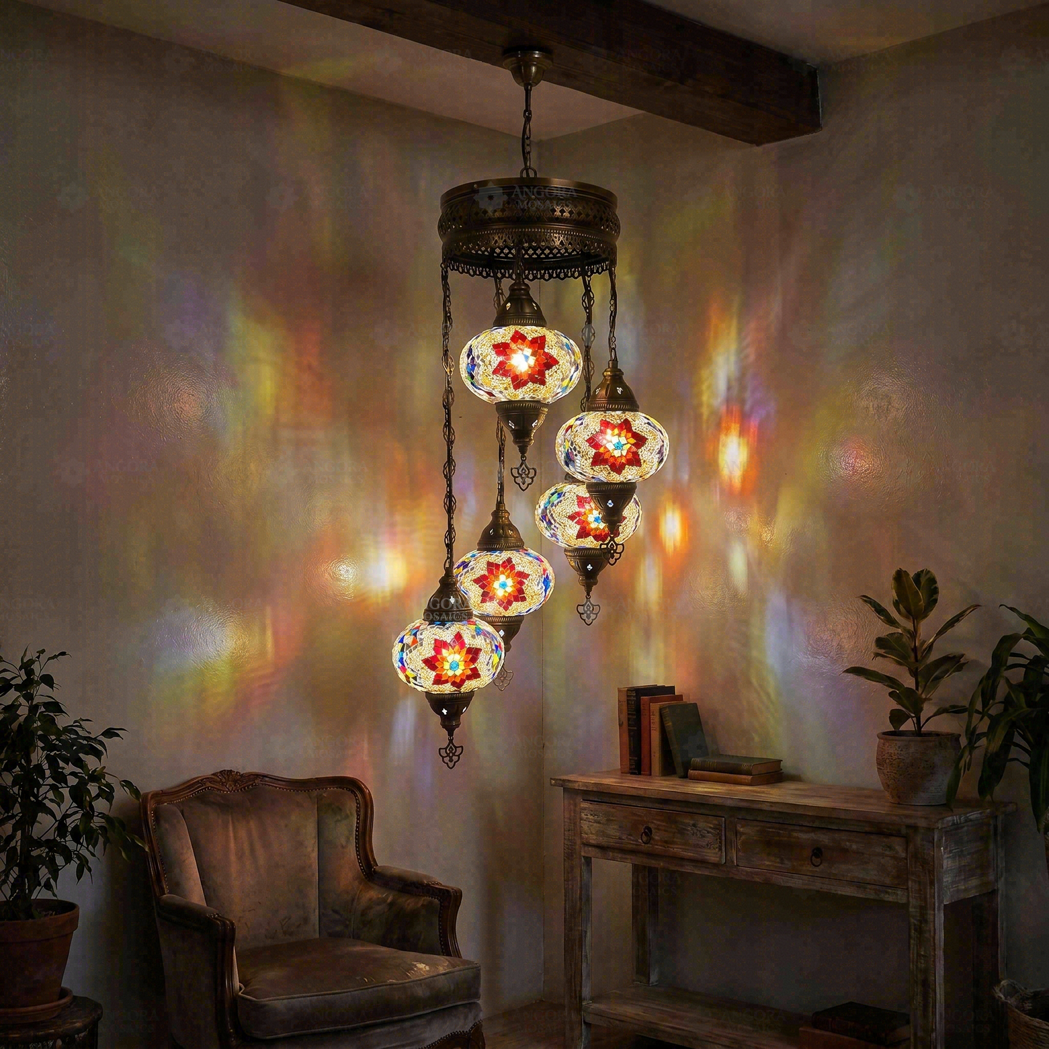 Multicolor multicolor jewel Turkish mosaic chandelier in styled room — handmade Moroccan chandelier (HLZ5N3 (3007))