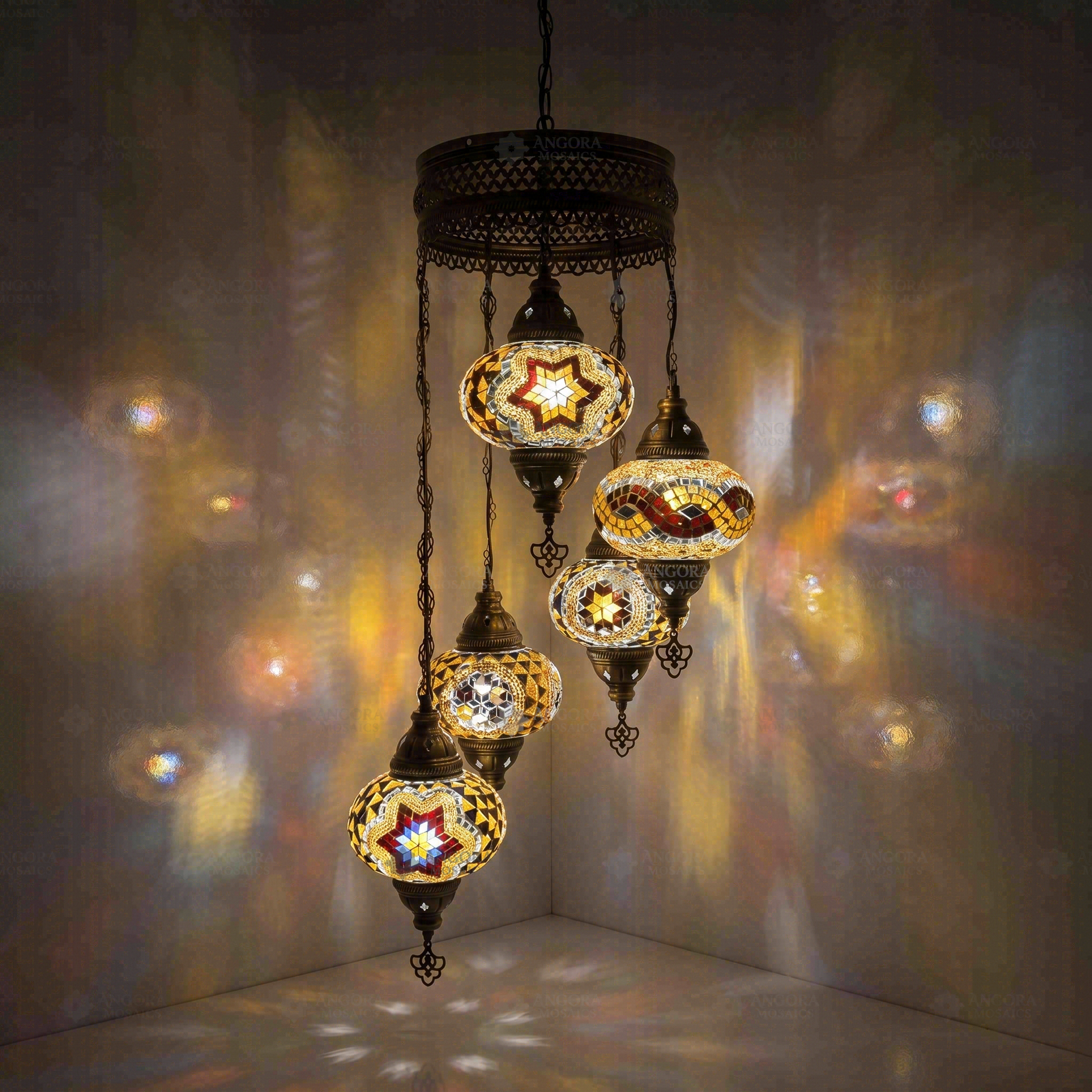 Warm Tones Turkish mosaic chandelier illuminated, showing colorful light projection (HLZ5N3 (63-64-67-88-89))