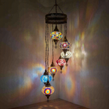 Multicolor Turkish mosaic chandelier illuminated, showing colorful light projection (HLZ7N3 (08-15-16-17-18-18-91))