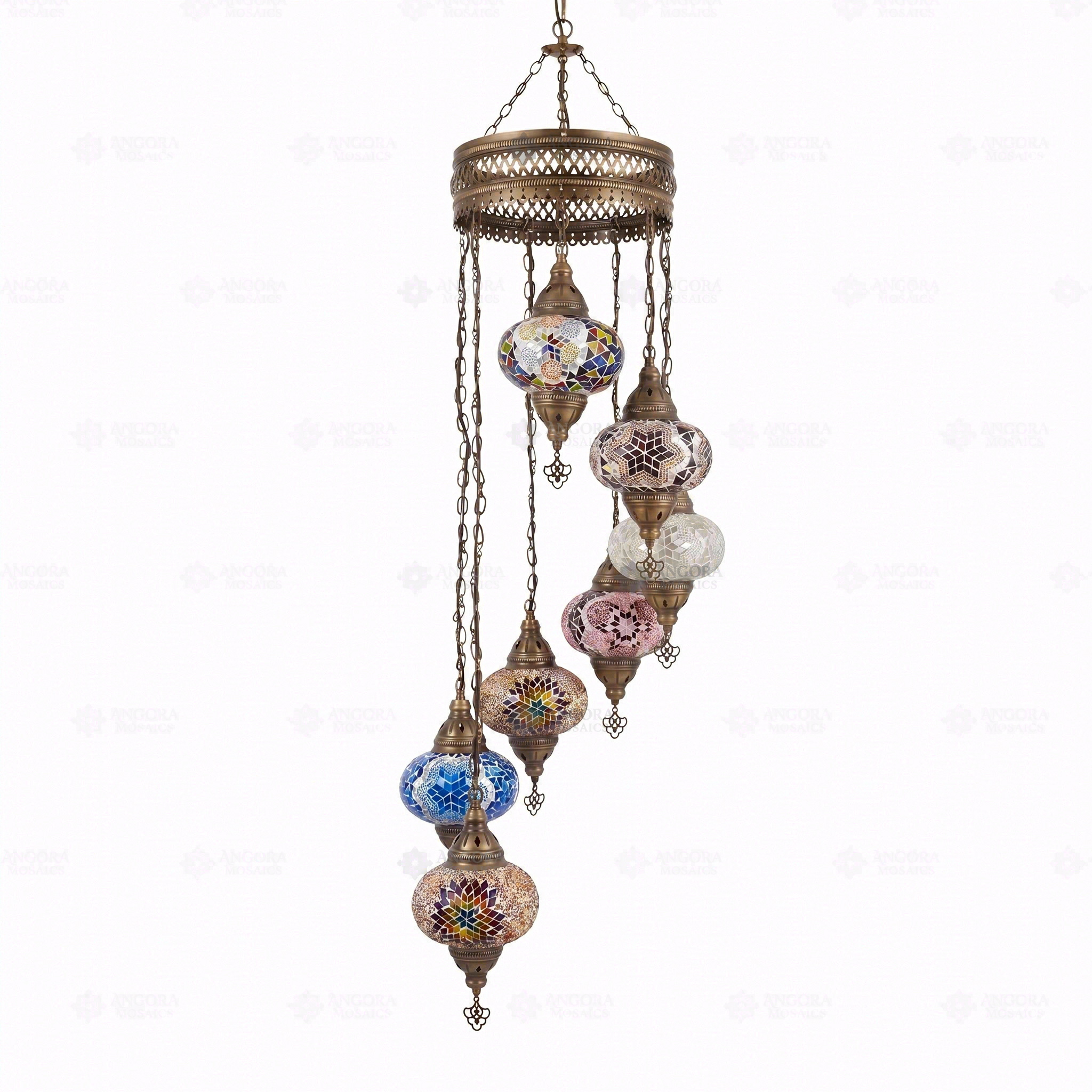 Full view of handmade Multicolor multicolor jewel Turkish mosaic chandelier on white background (HLZ7N3 (08-15-16-17-18-18-91))