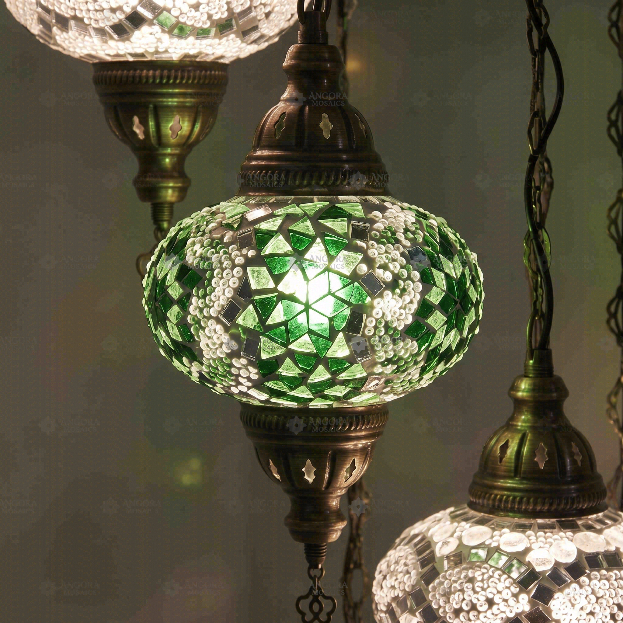 Lit close-up of mosaic glass globe — Green chandelier glowing (HLZ7N3 (3003X4-3068X3))