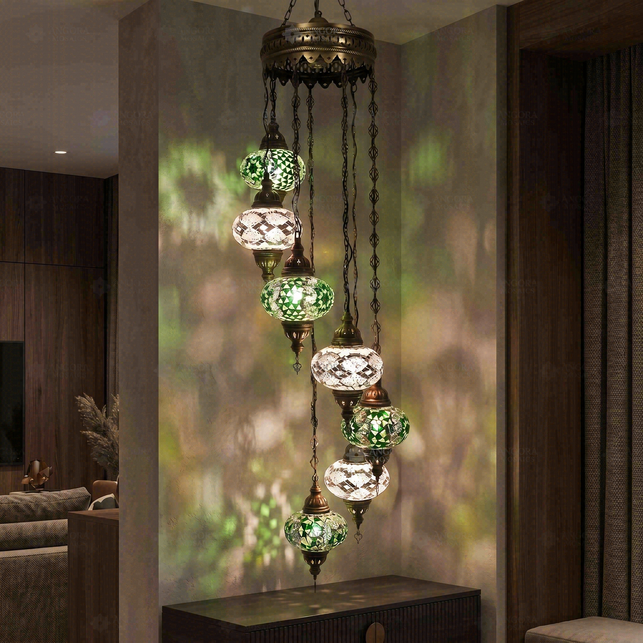Green green jewel Turkish mosaic chandelier in styled room — handmade Moroccan chandelier (HLZ7N3 (3003X4-3068X3))