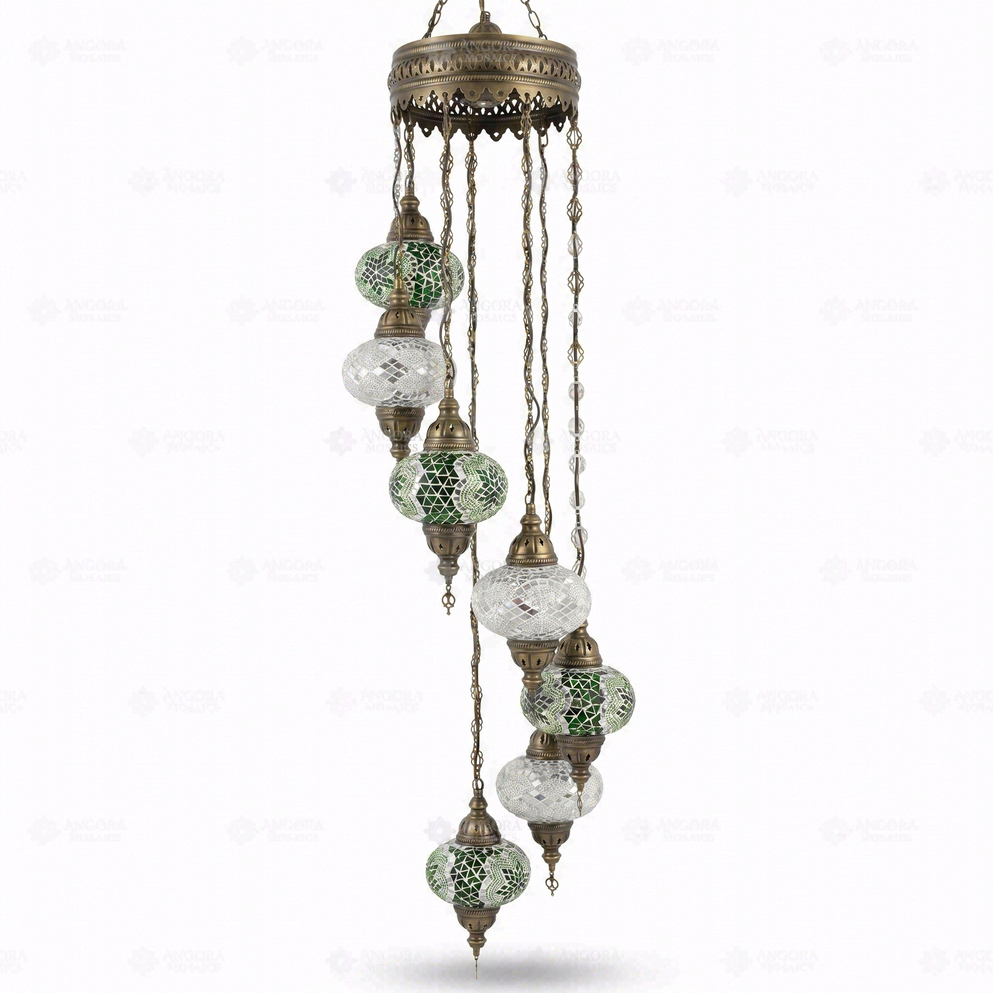Full view of handmade Green green jewel Turkish mosaic chandelier on white background (HLZ7N3 (3003X4-3068X3))