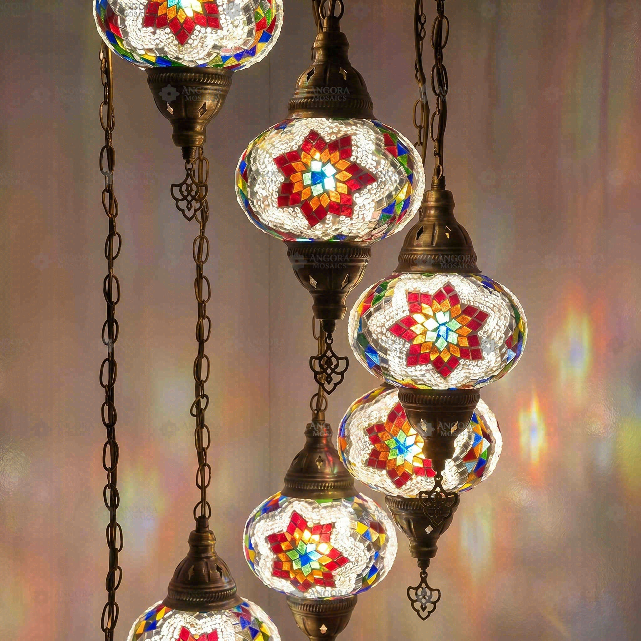 Lit close-up of mosaic glass globe — Multicolor chandelier glowing (HLZ7N3 (3007))