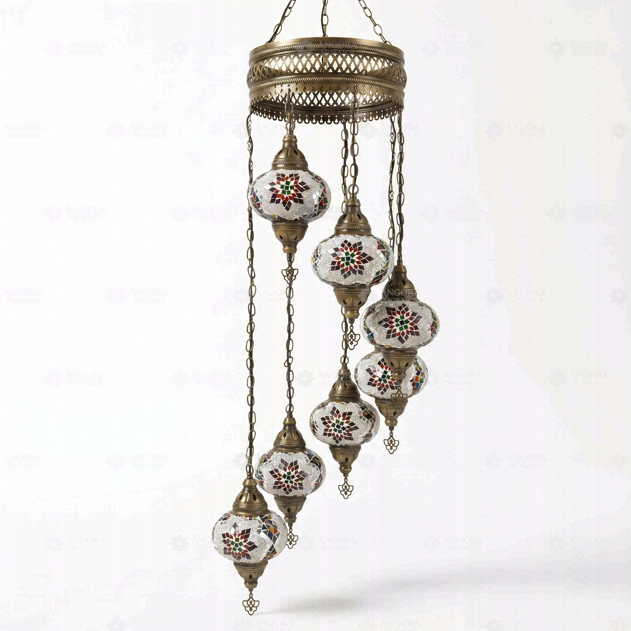 Full view of handmade Multicolor multicolor jewel Turkish mosaic chandelier on white background (HLZ7N3 (3007))