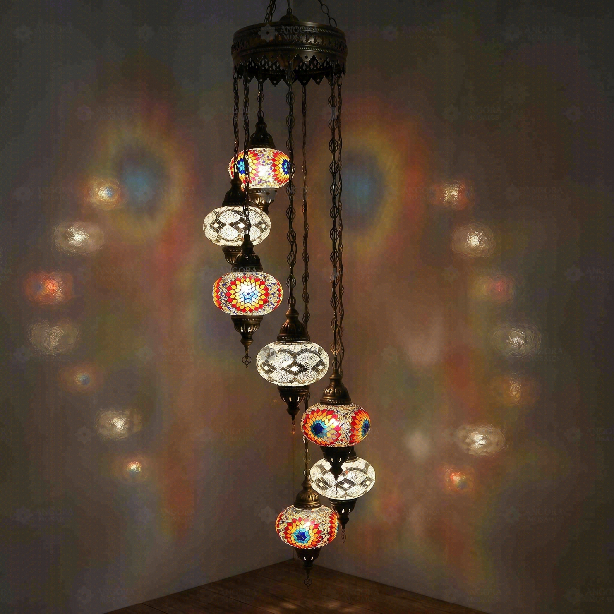 Warm Tones Turkish mosaic chandelier illuminated, showing colorful light projection (HLZ7N3 (3018X4-3068X3))