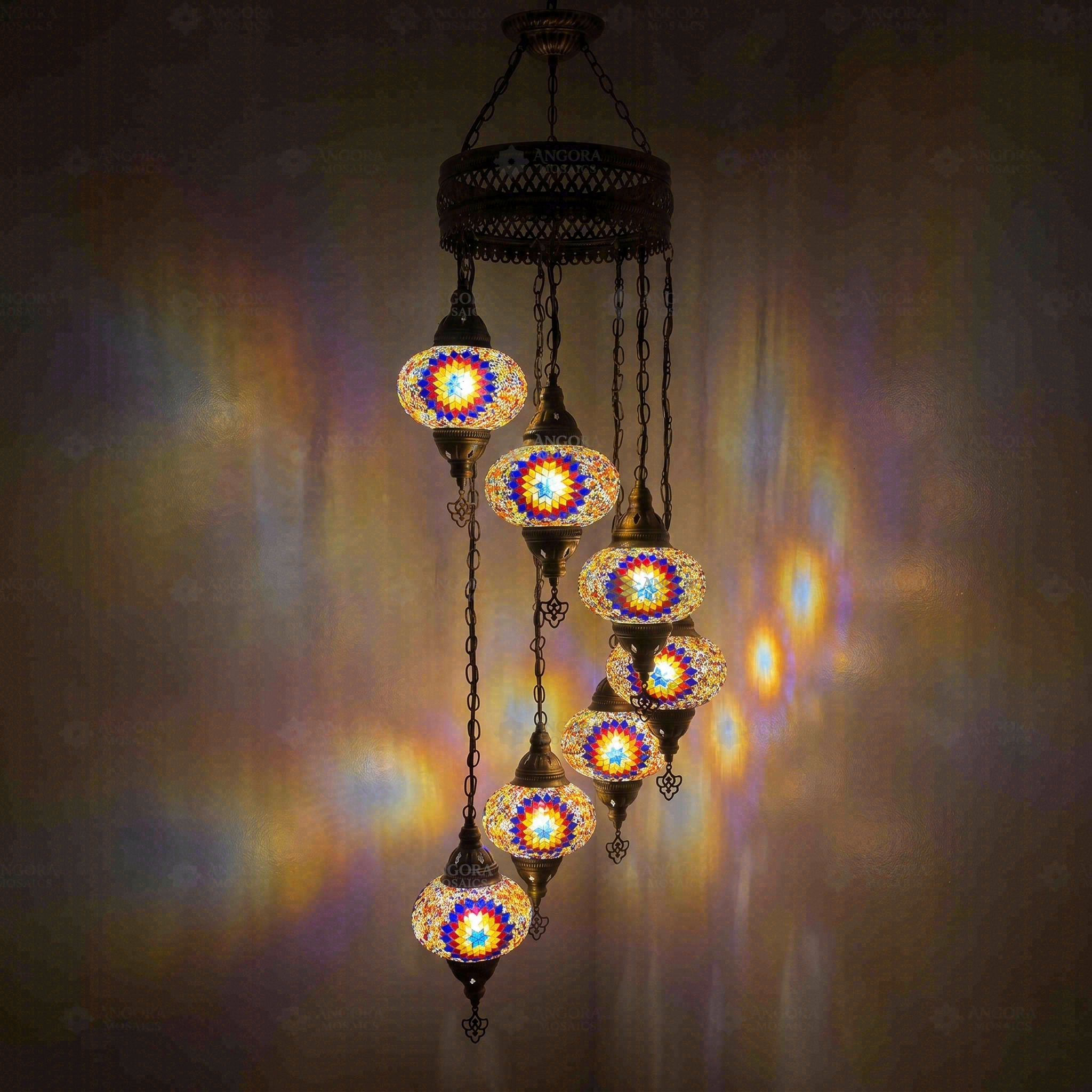 Multicolor Turkish mosaic chandelier illuminated, showing colorful light projection (HLZ7N3 (3018))