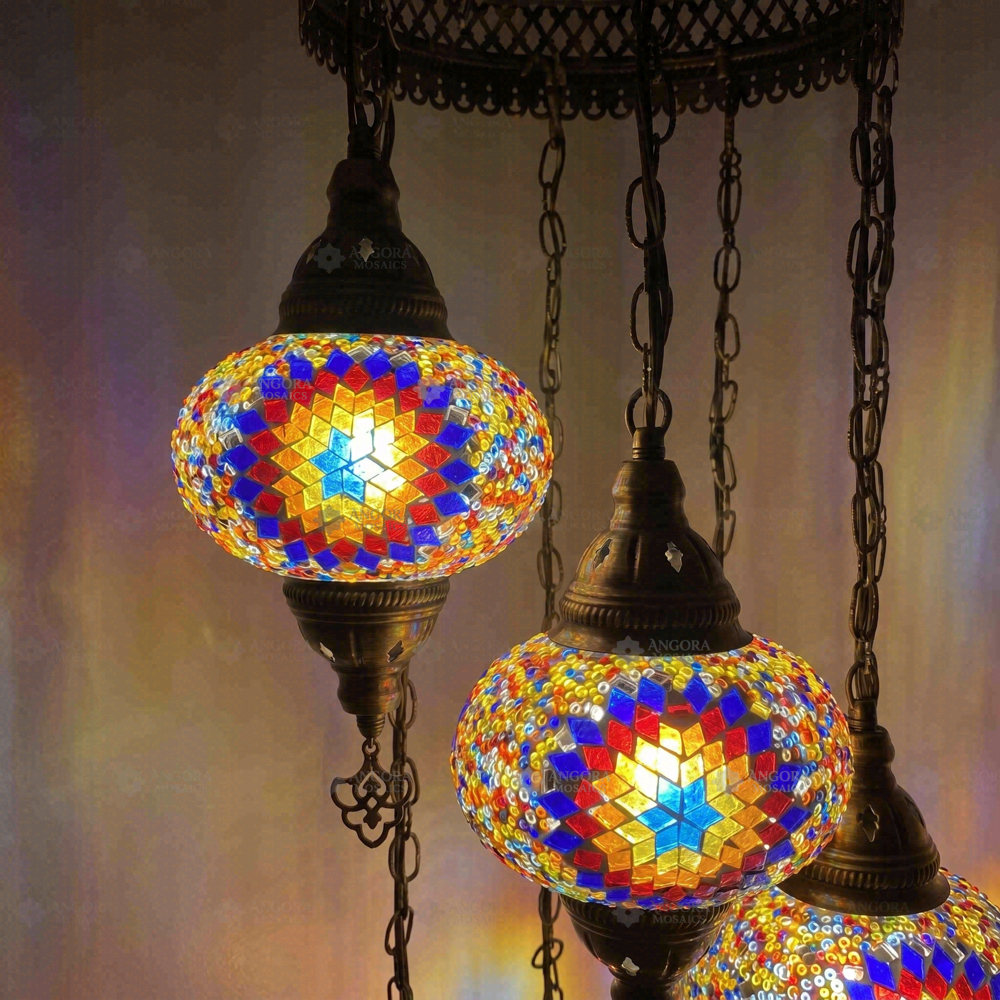 Lit close-up of mosaic glass globe — Multicolor chandelier glowing (HLZ7N3 (3018))
