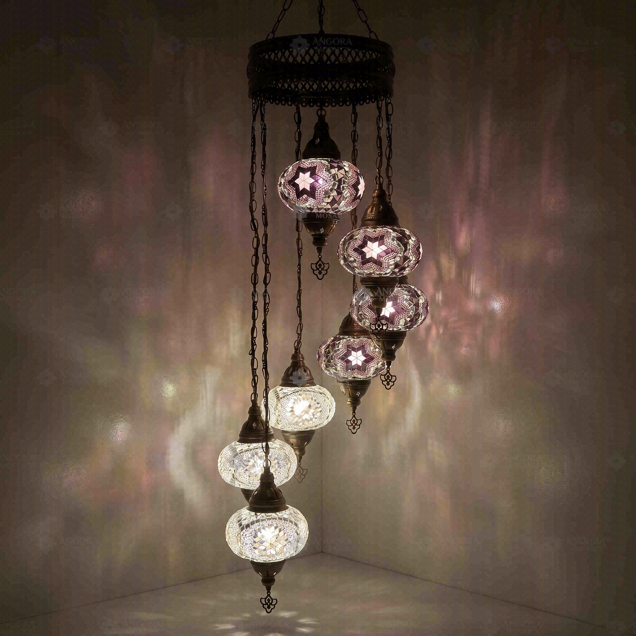Cool Tones Turkish mosaic chandelier illuminated, showing colorful light projection (HLZ7N3 (3019X4-3043X3))