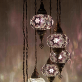 Lit close-up of mosaic glass globe — Cool Tones chandelier glowing (HLZ7N3 (3019X4-3043X3))