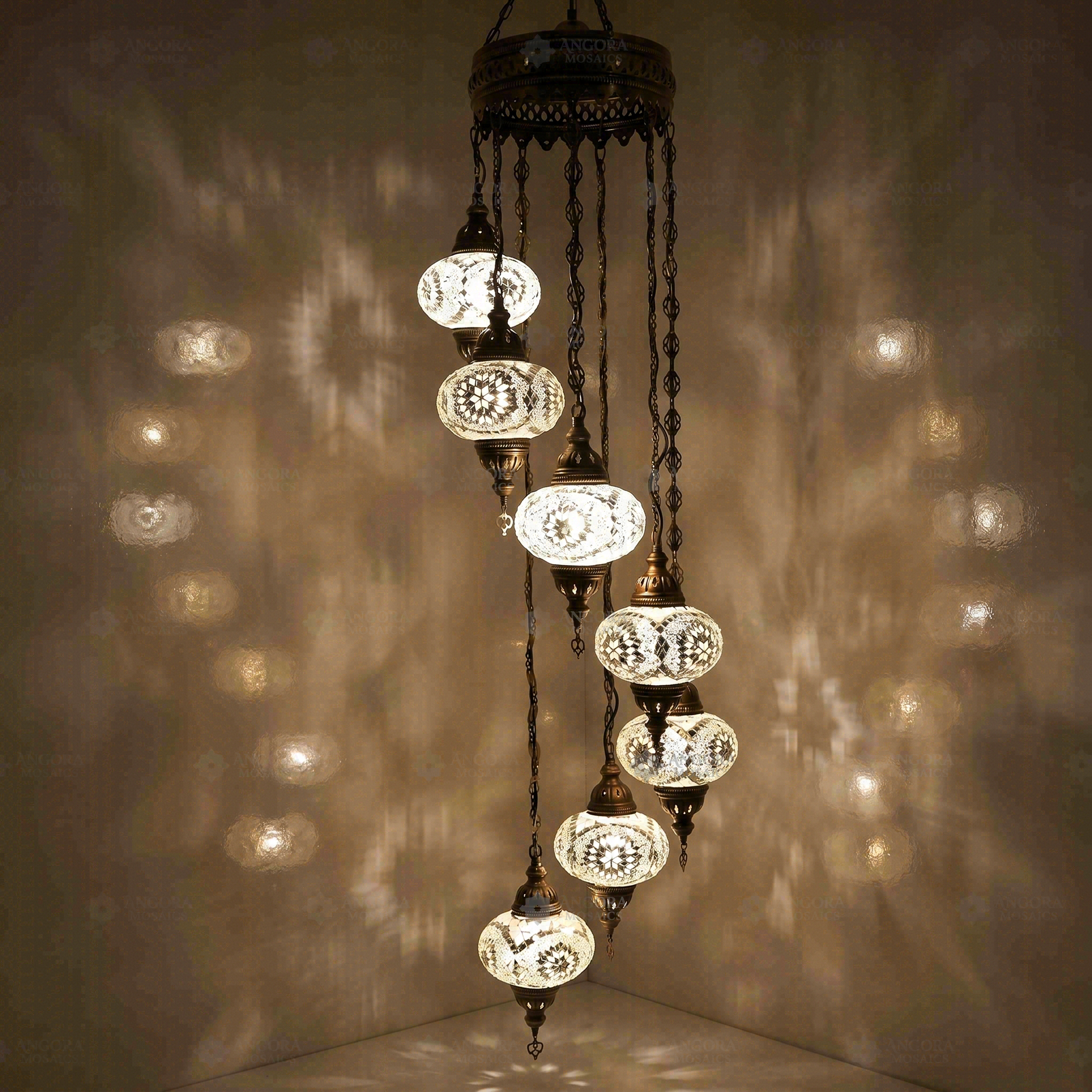 White Turkish mosaic chandelier illuminated, showing colorful light projection (HLZ7N3 (3022))