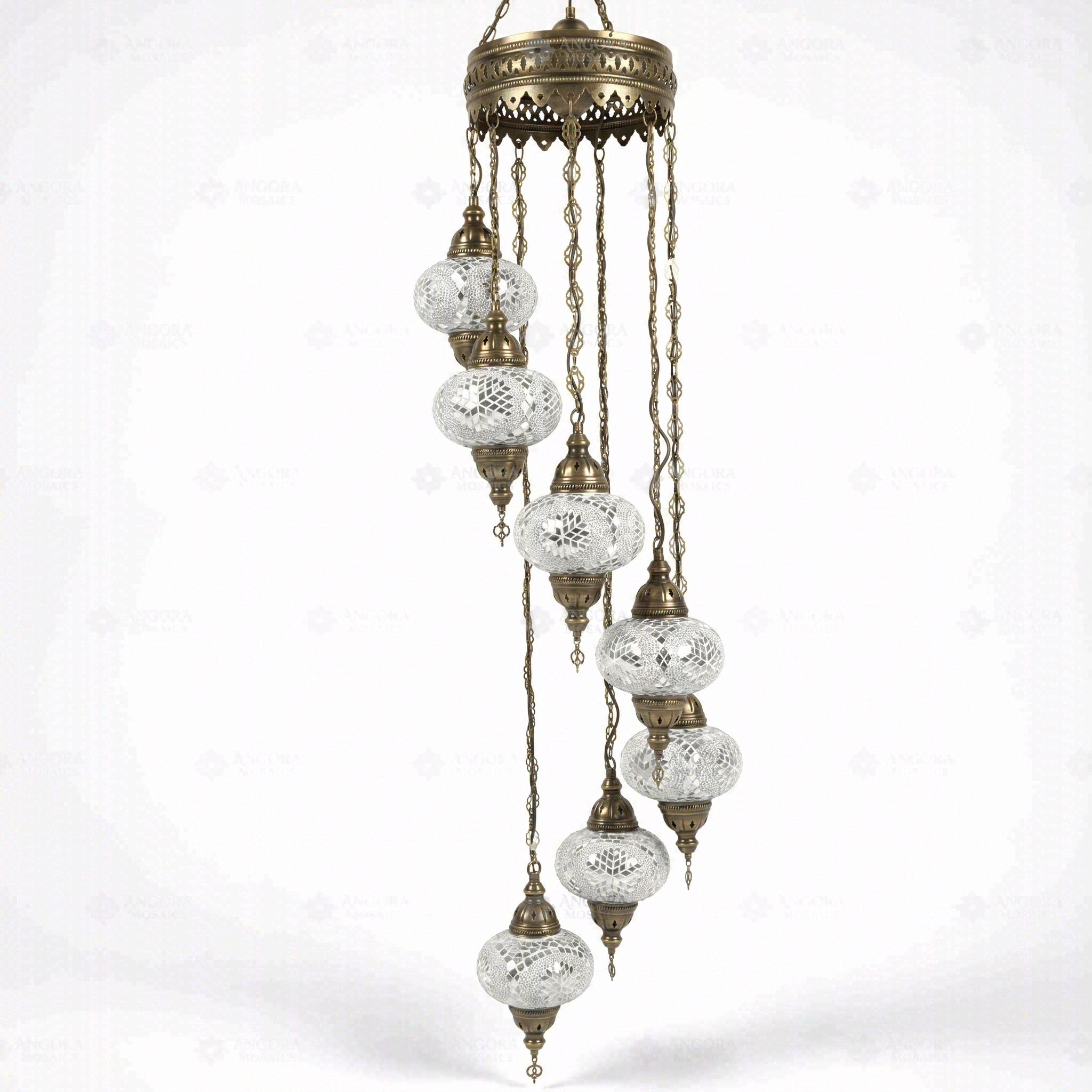 Full view of handmade White white glow Turkish mosaic chandelier on white background (HLZ7N3 (3022))