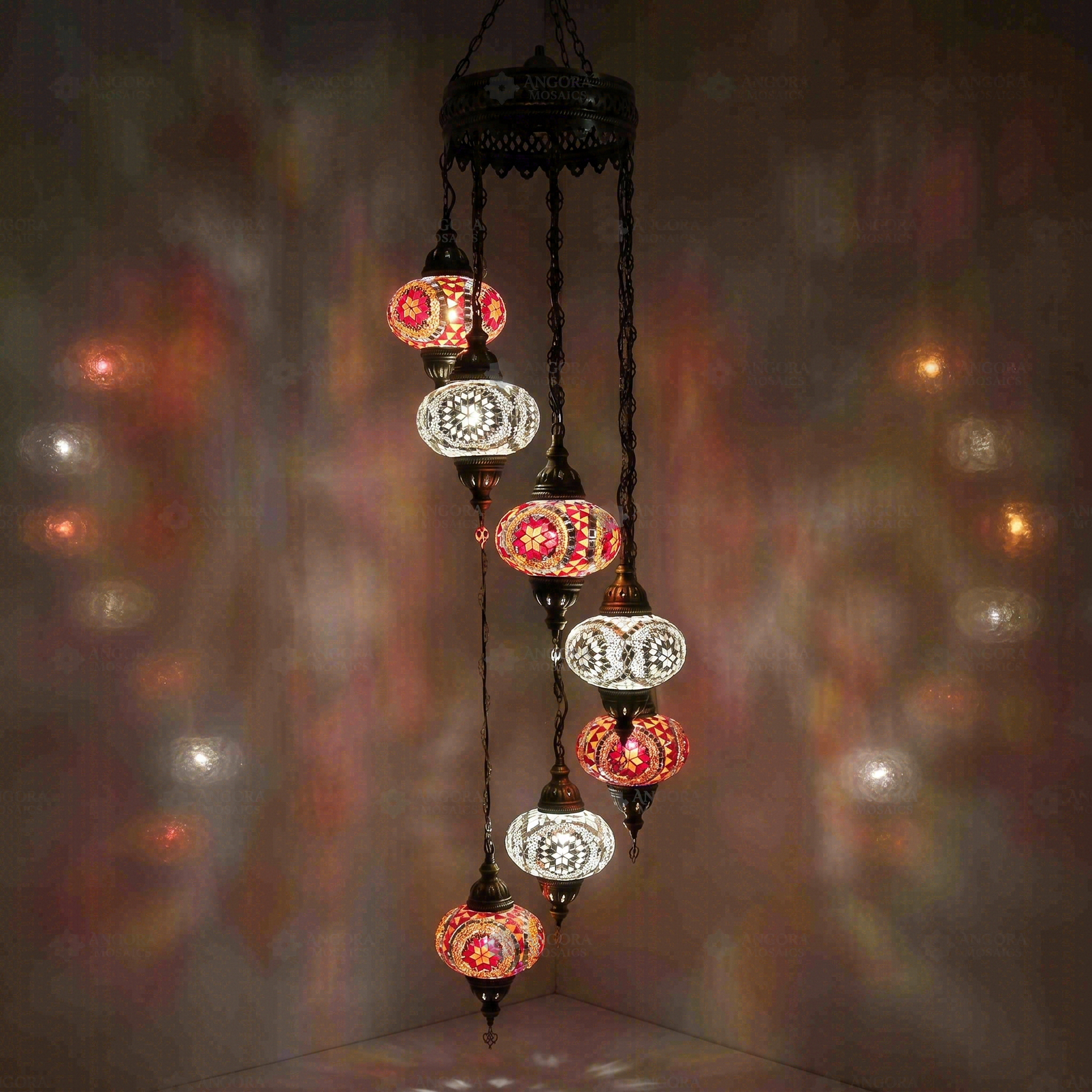 Warm Tones Turkish mosaic chandelier illuminated, showing colorful light projection (HLZ7N3 (3056X4-3022X3))