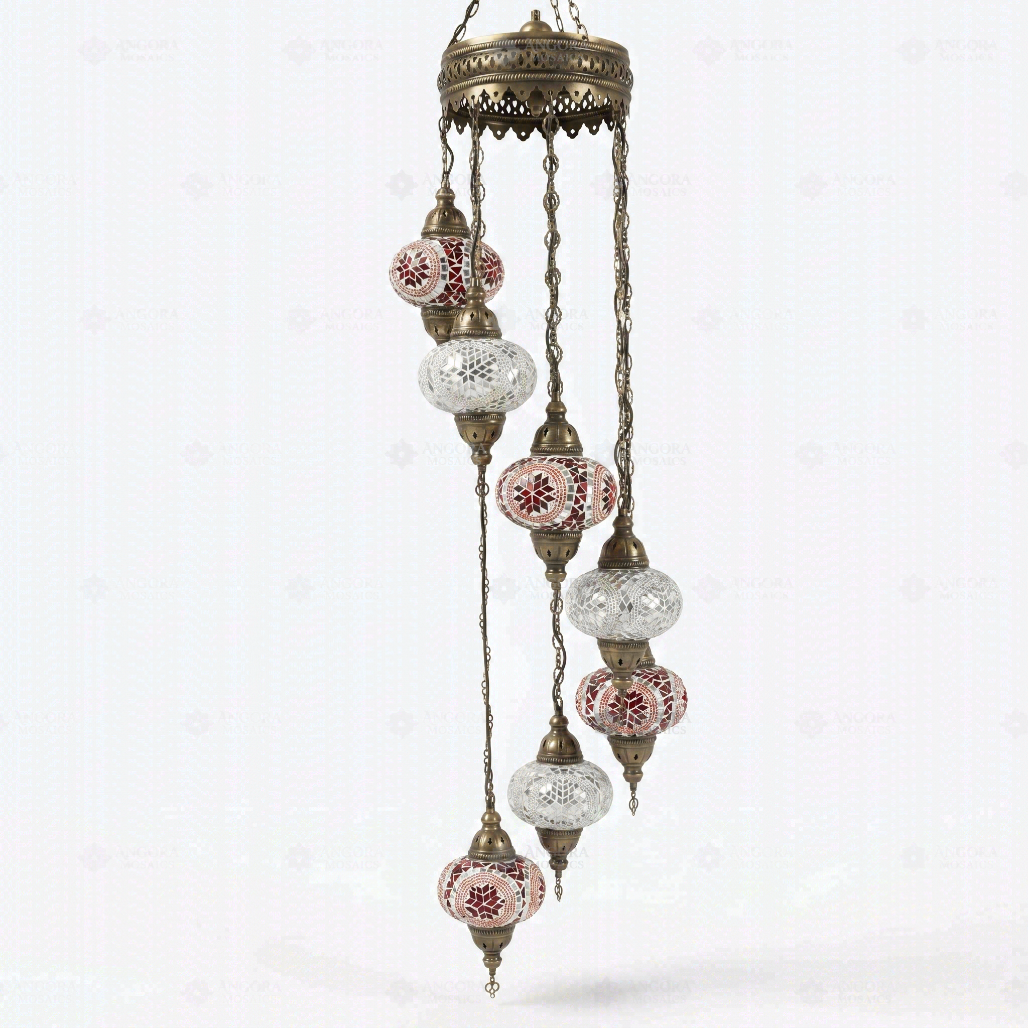 Full view of handmade Warm Tones mixed warm Turkish mosaic chandelier on white background (HLZ7N3 (3056X4-3022X3))
