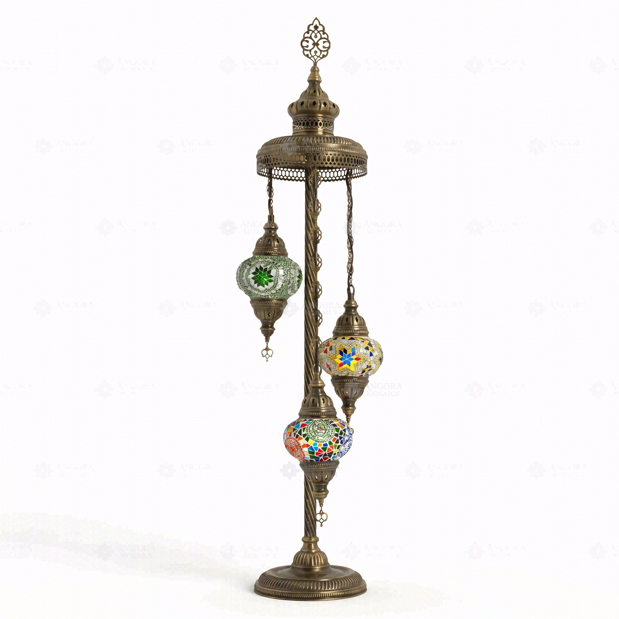 Full view of handmade Multicolor multicolor jewel Turkish mosaic floor lamp on white background (LMD3N3 (01-03-50))