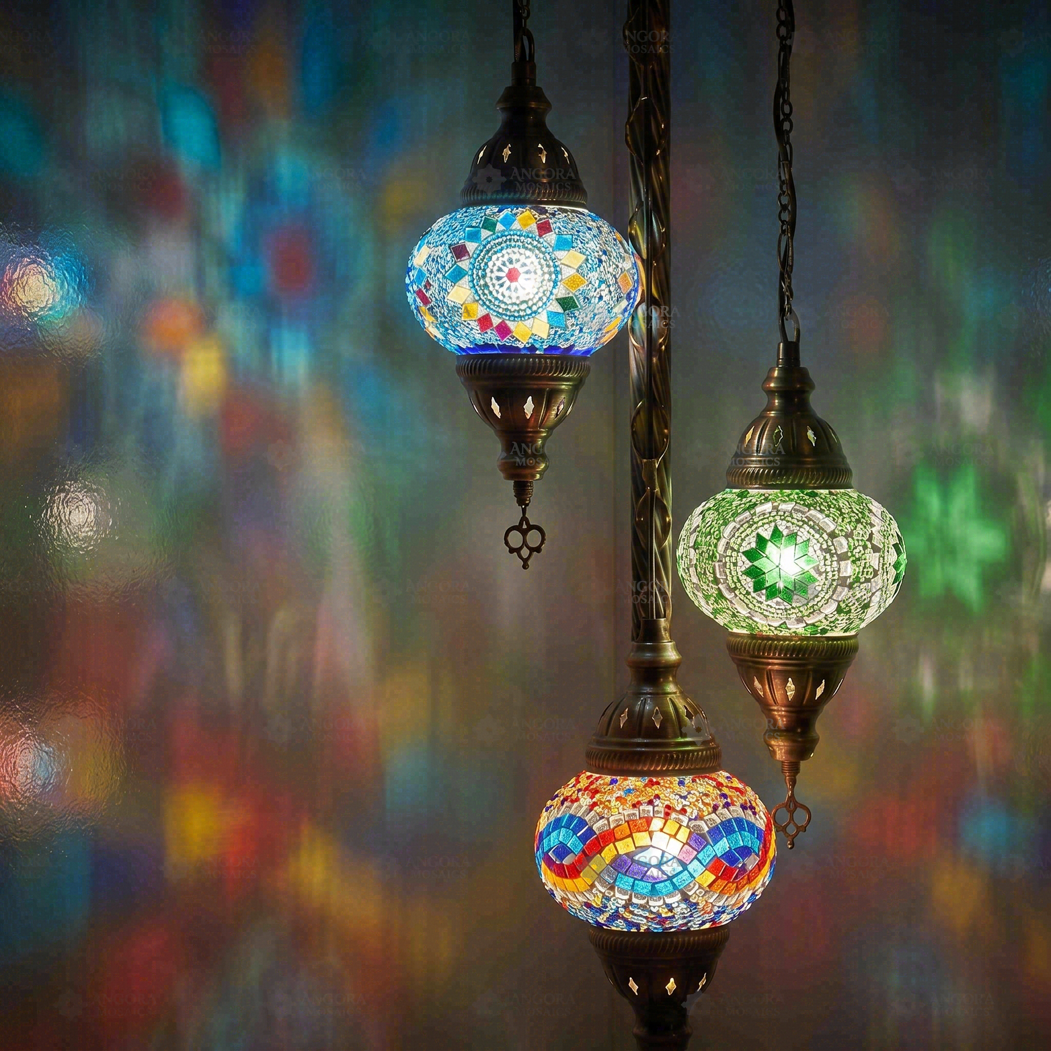Lit close-up of mosaic glass globe — Multicolor floor lamp glowing (LMD3N3 (02-06-50))