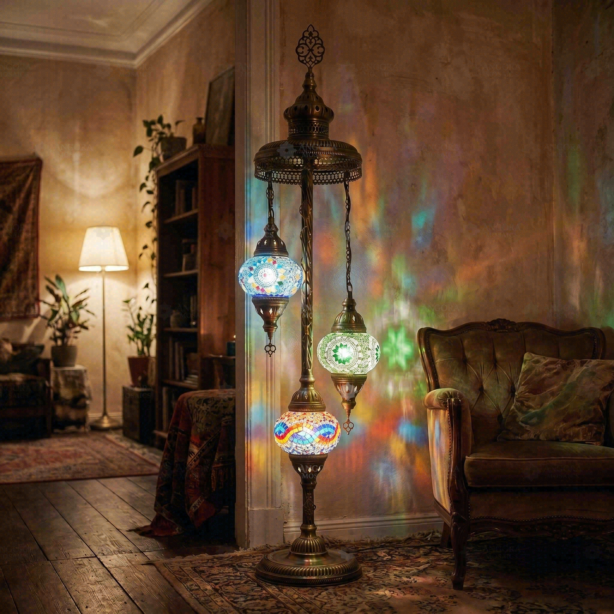 Multicolor multicolor jewel Turkish mosaic floor lamp in styled room — handmade Moroccan floor lamp (LMD3N3 (02-06-50))