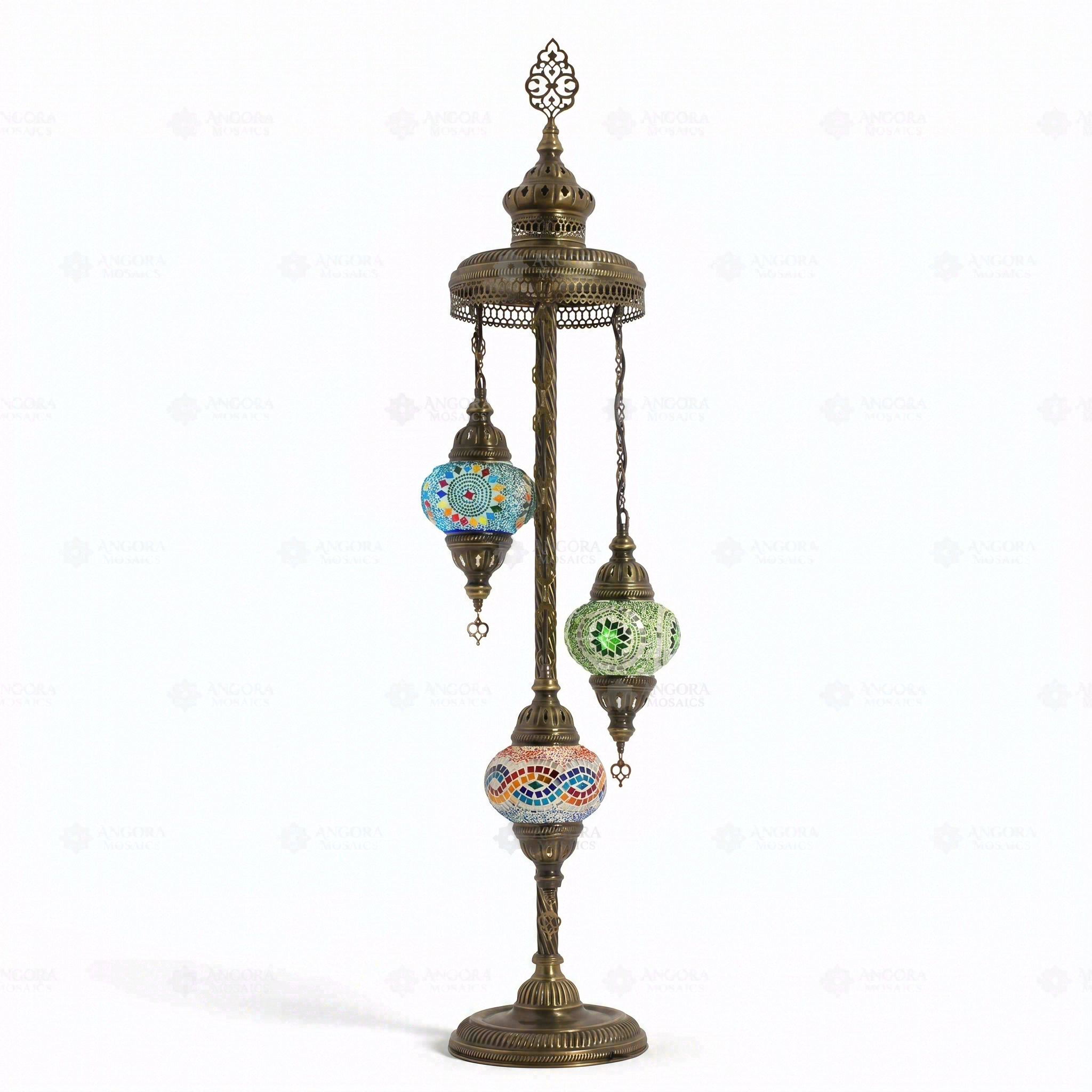 Full view of handmade Multicolor multicolor jewel Turkish mosaic floor lamp on white background (LMD3N3 (02-06-50))