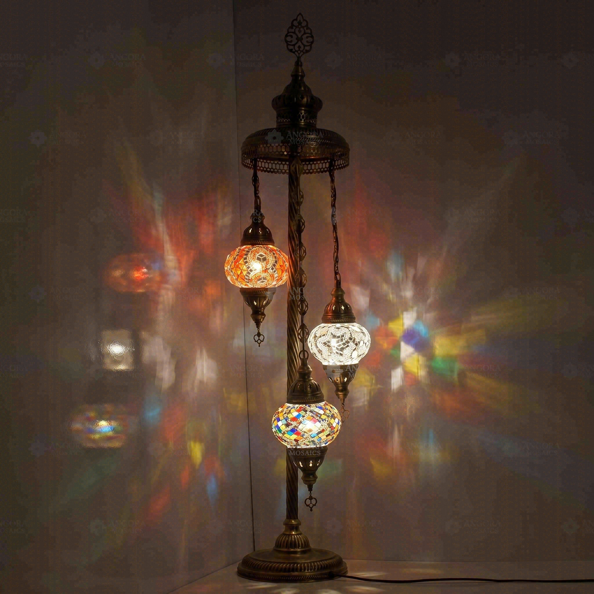 Warm Tones Turkish mosaic floor lamp illuminated, showing colorful light projection (LMD3N3 (02-10-15))